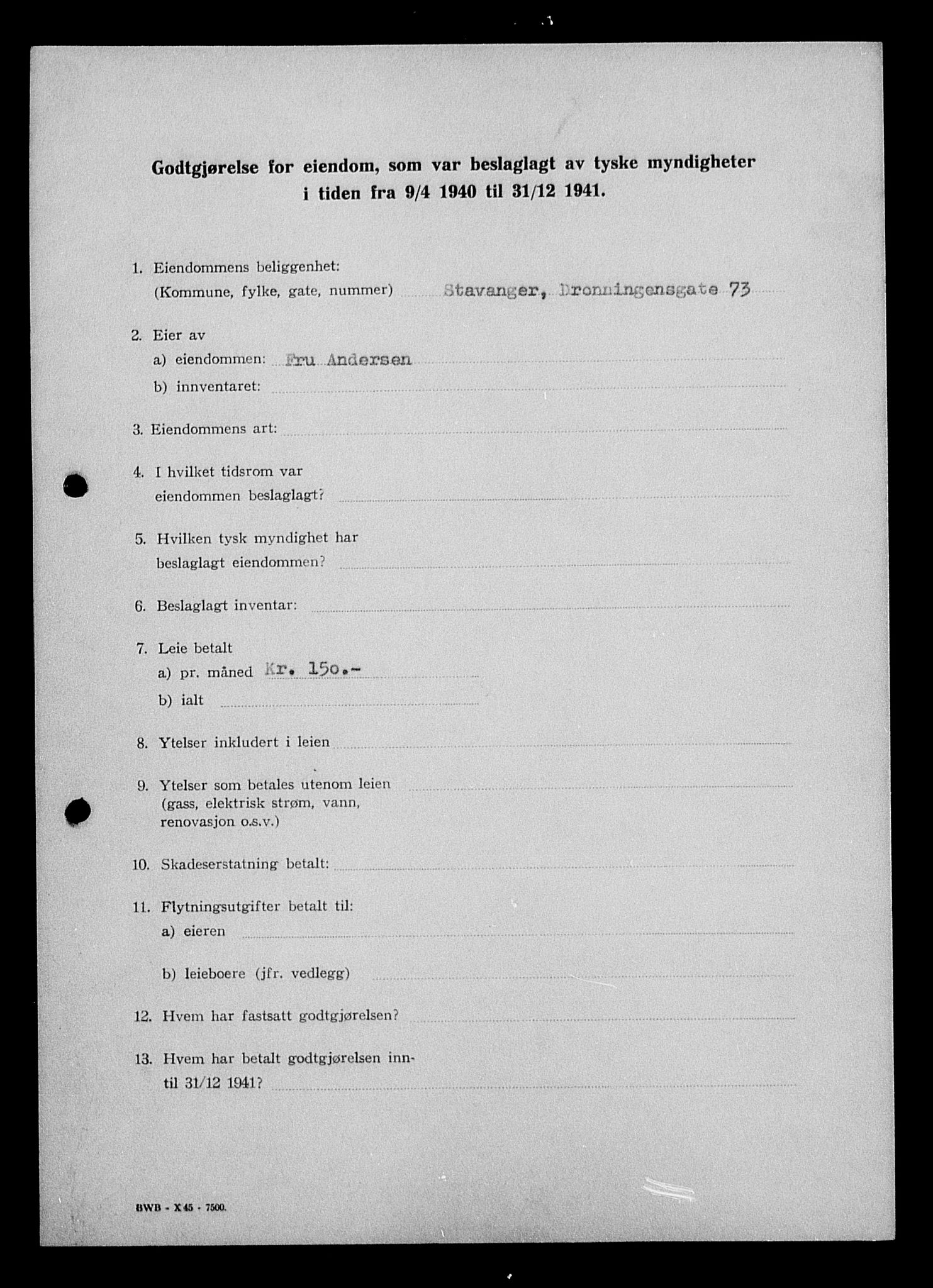 Justisdepartementet, Tilbakeføringskontoret for inndratte formuer, AV/RA-S-1564/I/L1014: Godtgjørelse for beslaglagt eiendom, 1940-1941, p. 7