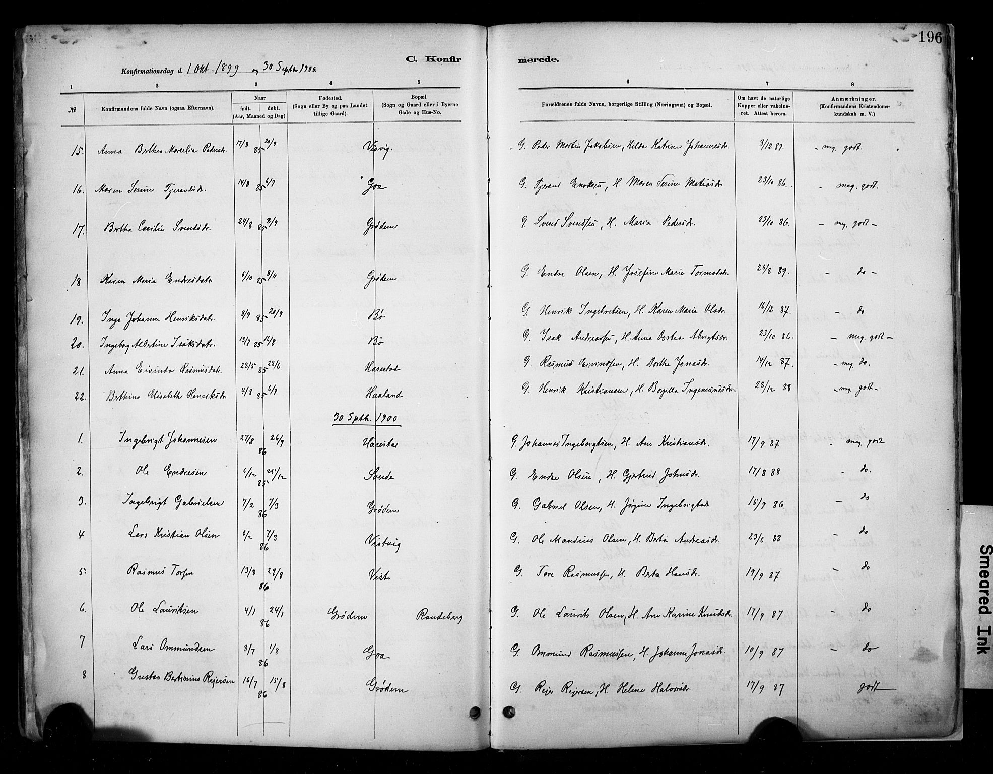 Hetland sokneprestkontor, SAST/A-101826/30/30BA/L0009: Parish register (official) no. A 9, 1882-1918, p. 196