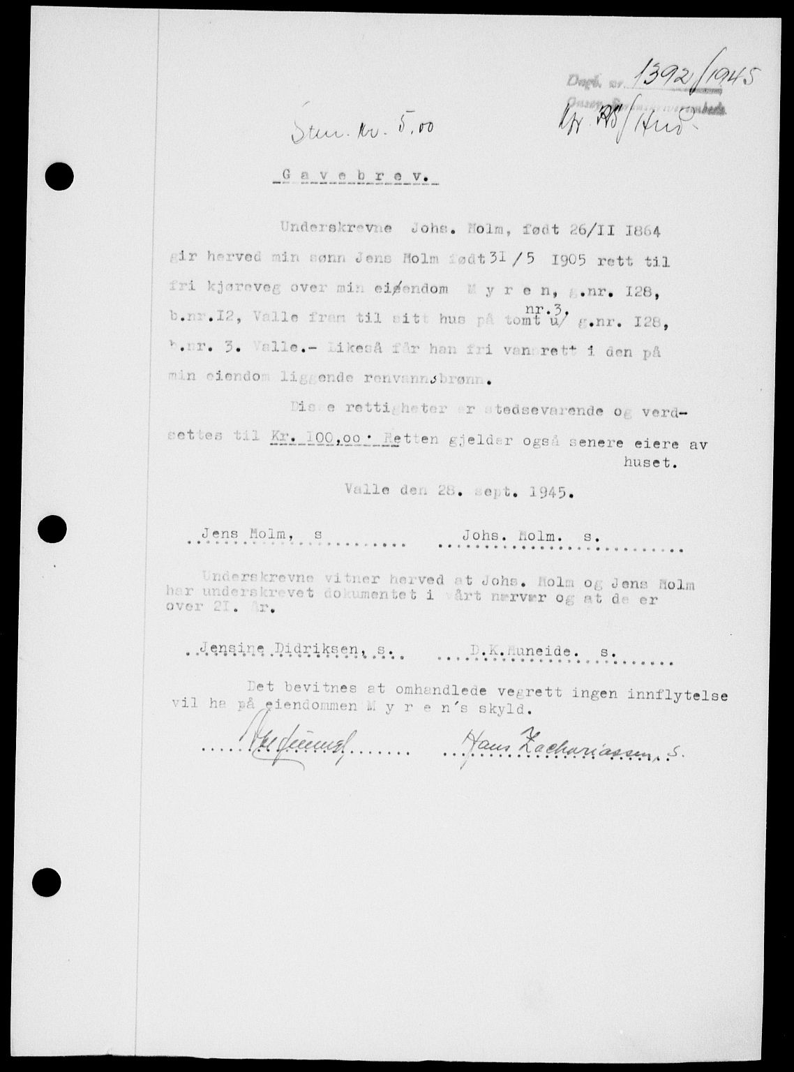 Onsøy sorenskriveri, SAO/A-10474/G/Ga/Gab/L0015: Mortgage book no. II A-15, 1945-1946, Diary no: : 1392/1945