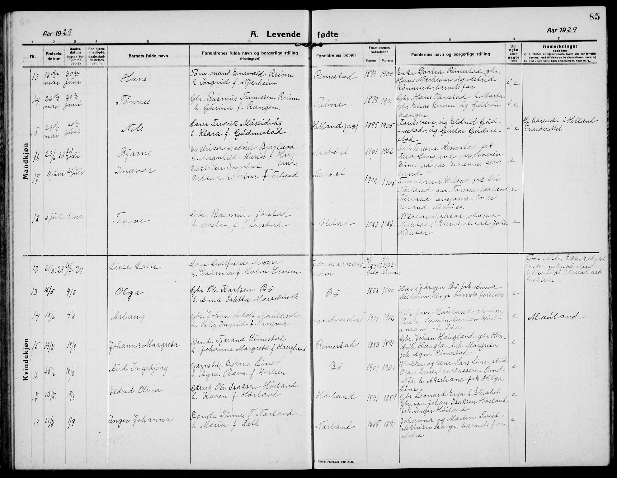 Hå sokneprestkontor, AV/SAST-A-101801/001/30BB/L0007: Parish register (copy) no. B 7, 1912-1939, p. 85