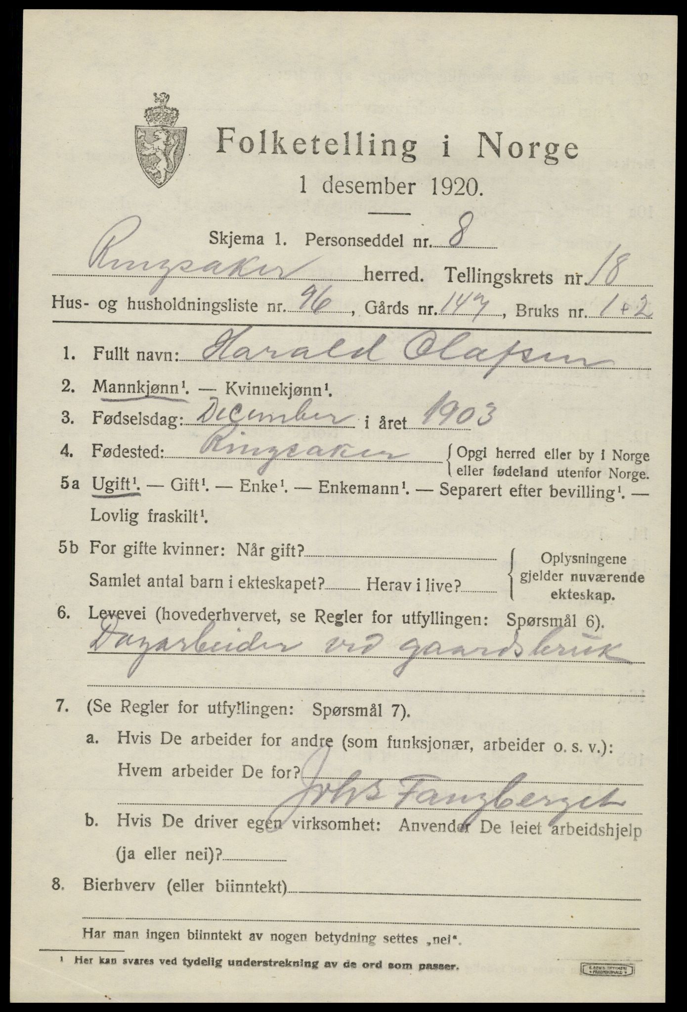 SAH, 1920 census for Ringsaker, 1920, p. 26196