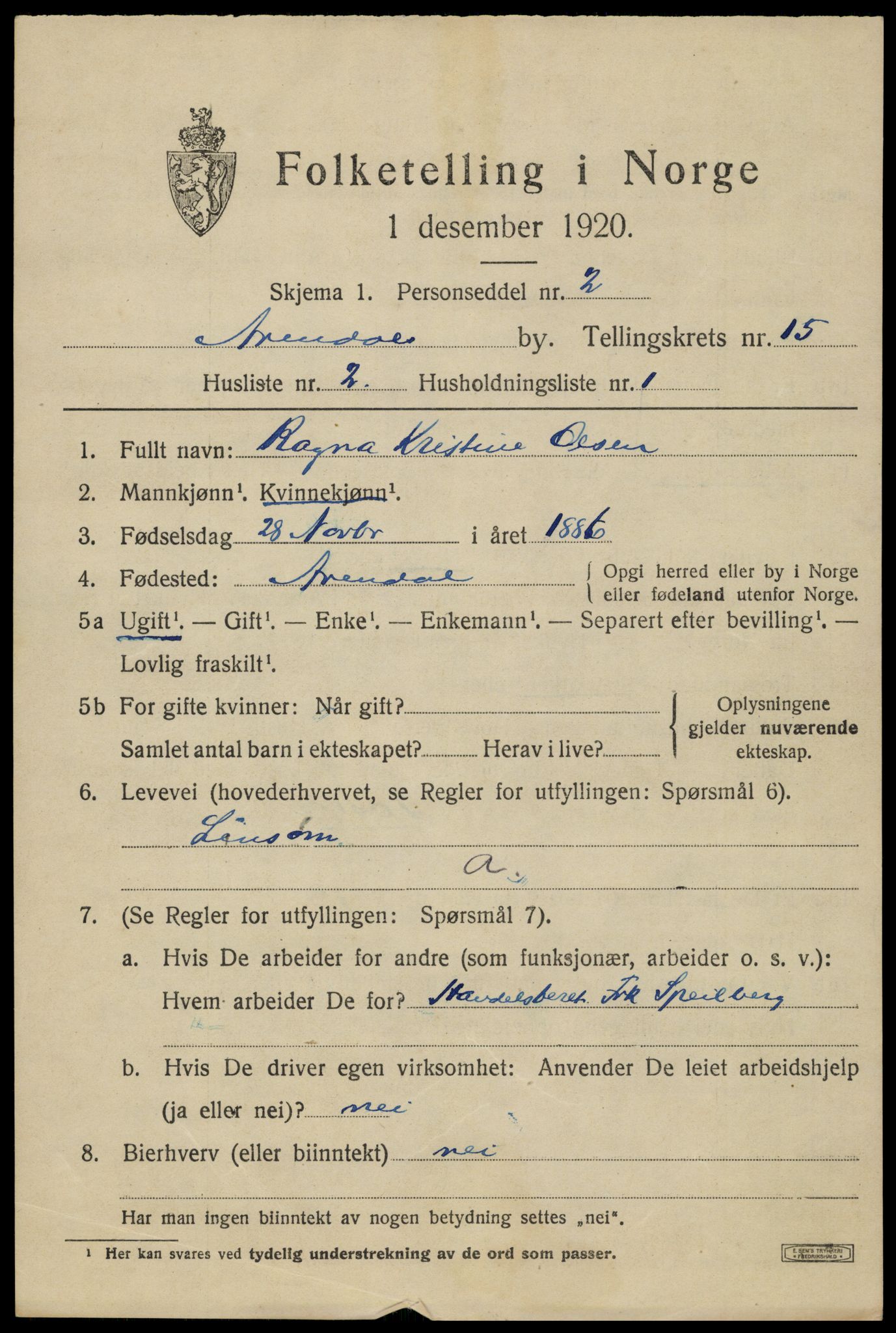 SAK, 1920 census for Arendal, 1920, p. 22334