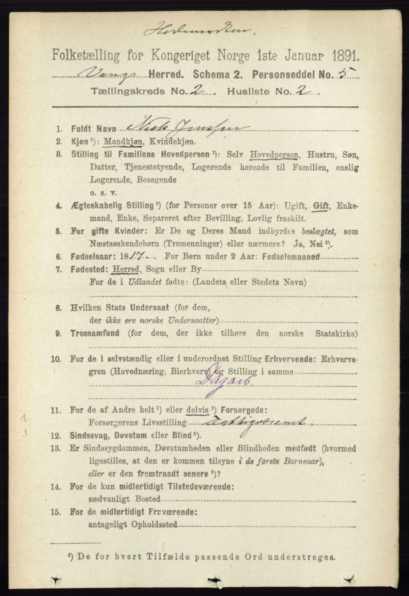 RA, 1891 census for 0414 Vang, 1891, p. 1047