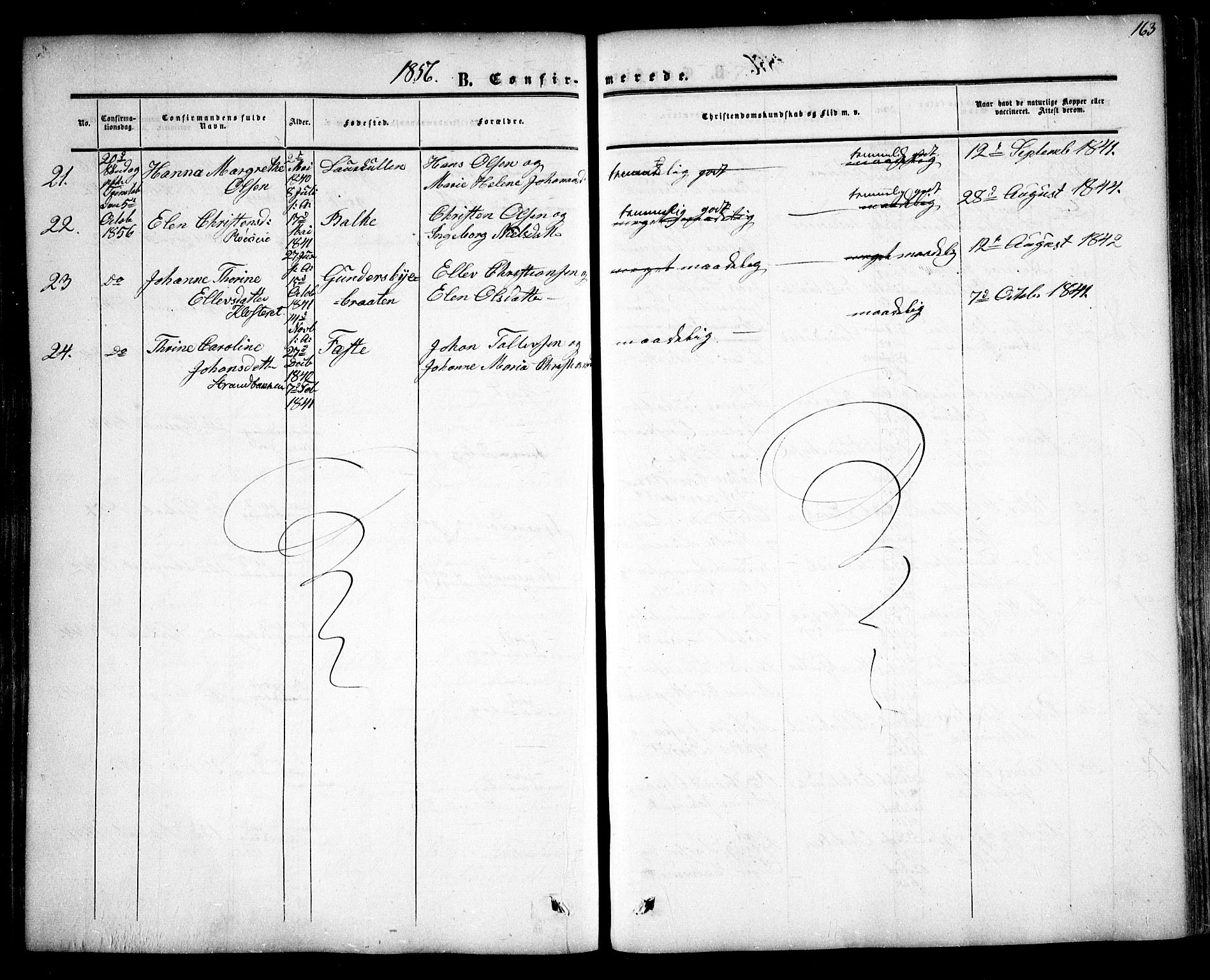 Rygge prestekontor Kirkebøker, AV/SAO-A-10084b/F/Fa/L0005: Parish register (official) no. 5, 1852-1871, p. 163