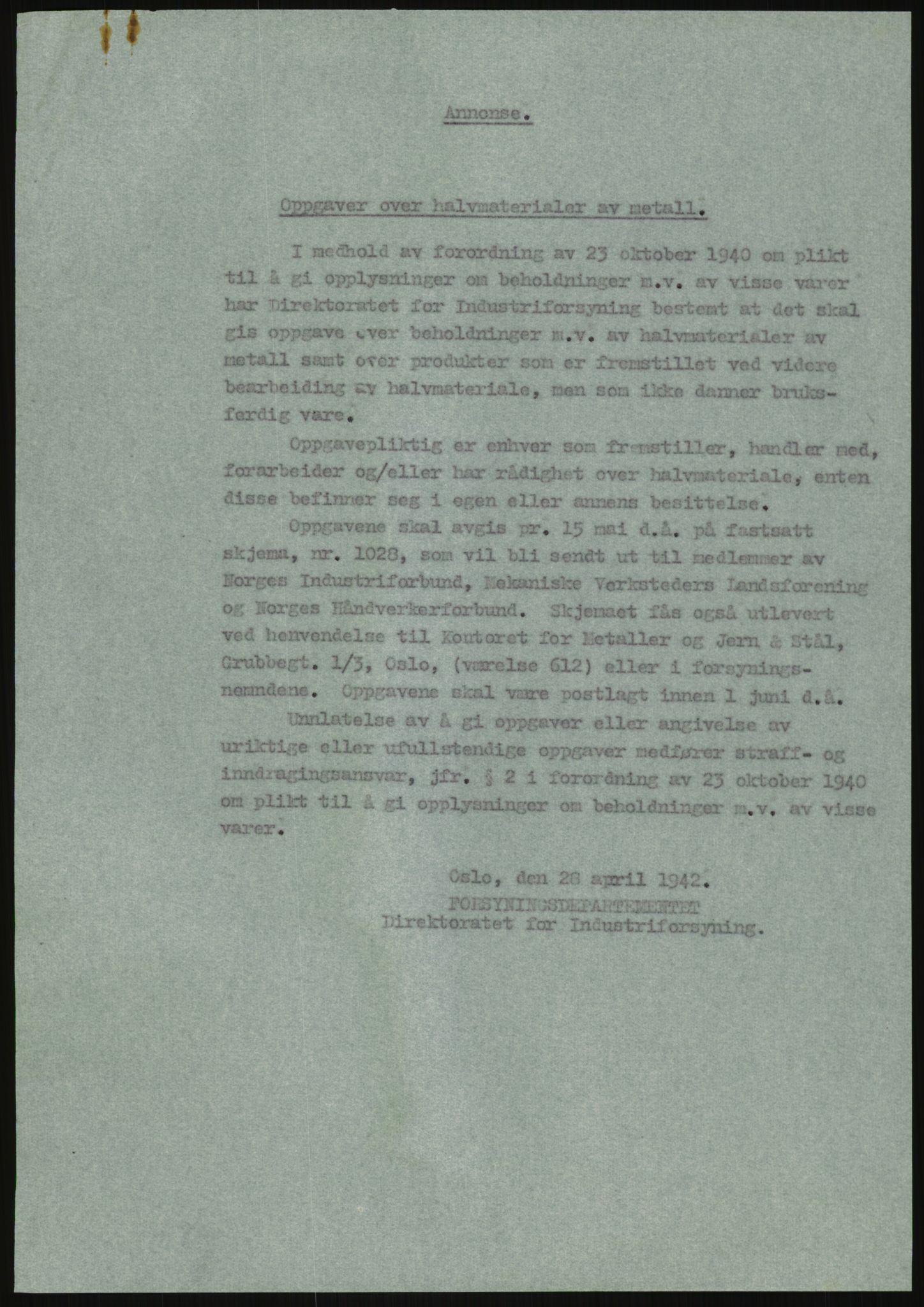 Direktoratet for industriforsyning, Sekretariatet, RA/S-4153/D/Df/L0054: 9. Metallkontoret, 1940-1945, p. 1513