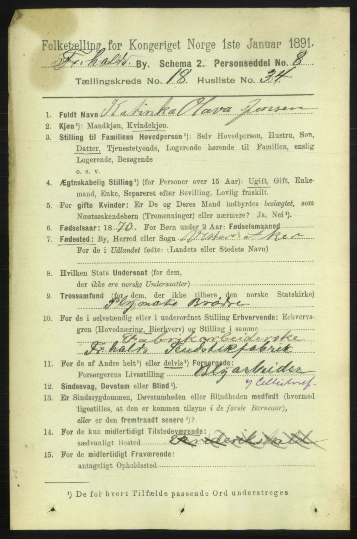 RA, 1891 census for 0101 Fredrikshald, 1891, p. 11850