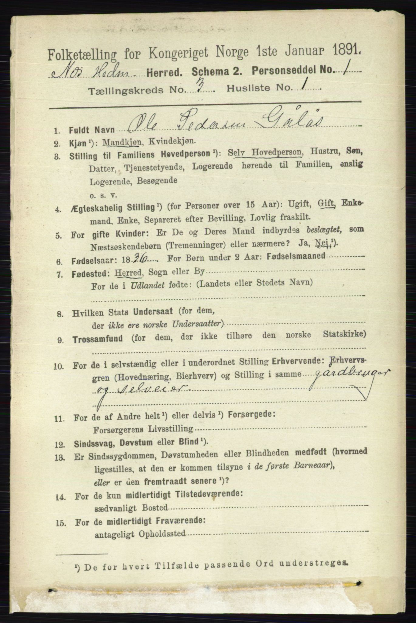 RA, 1891 census for 0411 Nes, 1891, p. 1588