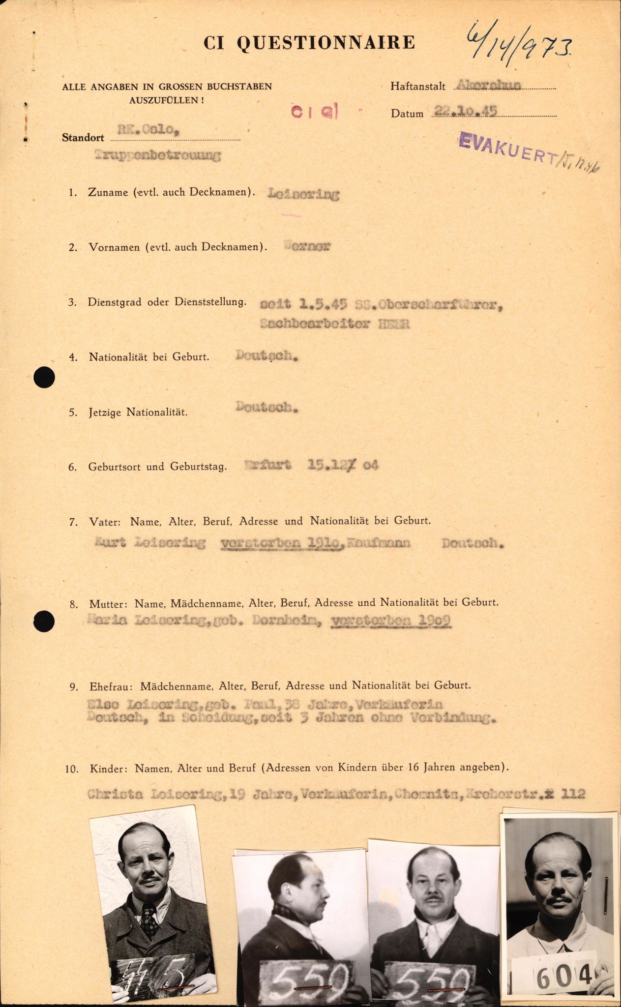 Forsvaret, Forsvarets overkommando II, AV/RA-RAFA-3915/D/Db/L0020: CI Questionaires. Tyske okkupasjonsstyrker i Norge. Tyskere., 1945-1946, p. 63