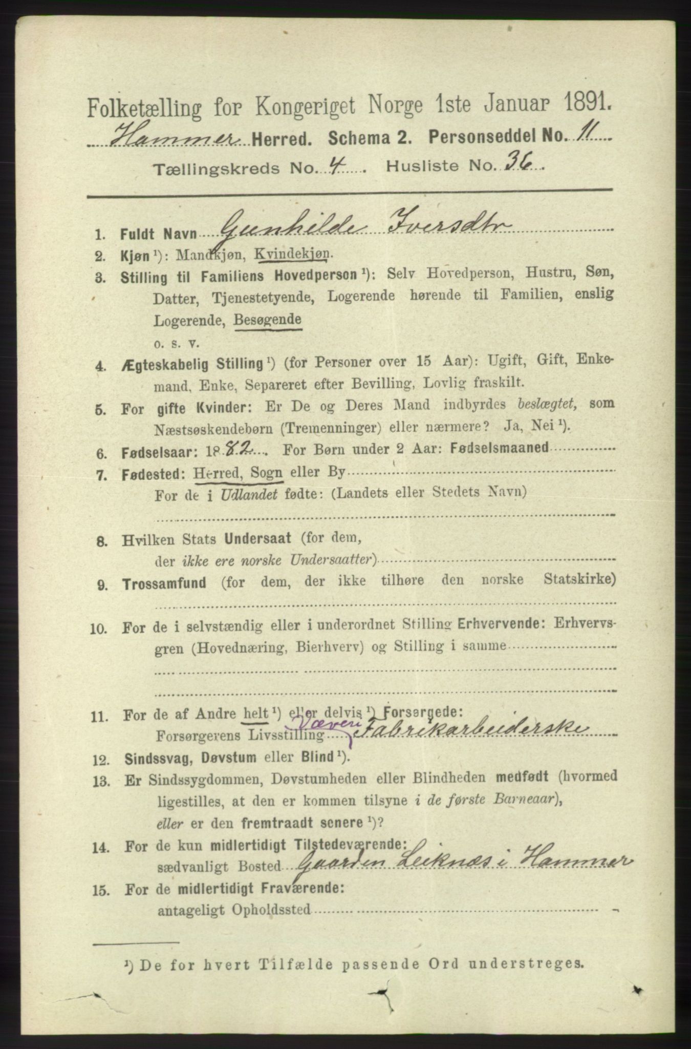 RA, 1891 census for 1254 Hamre, 1891, p. 1166