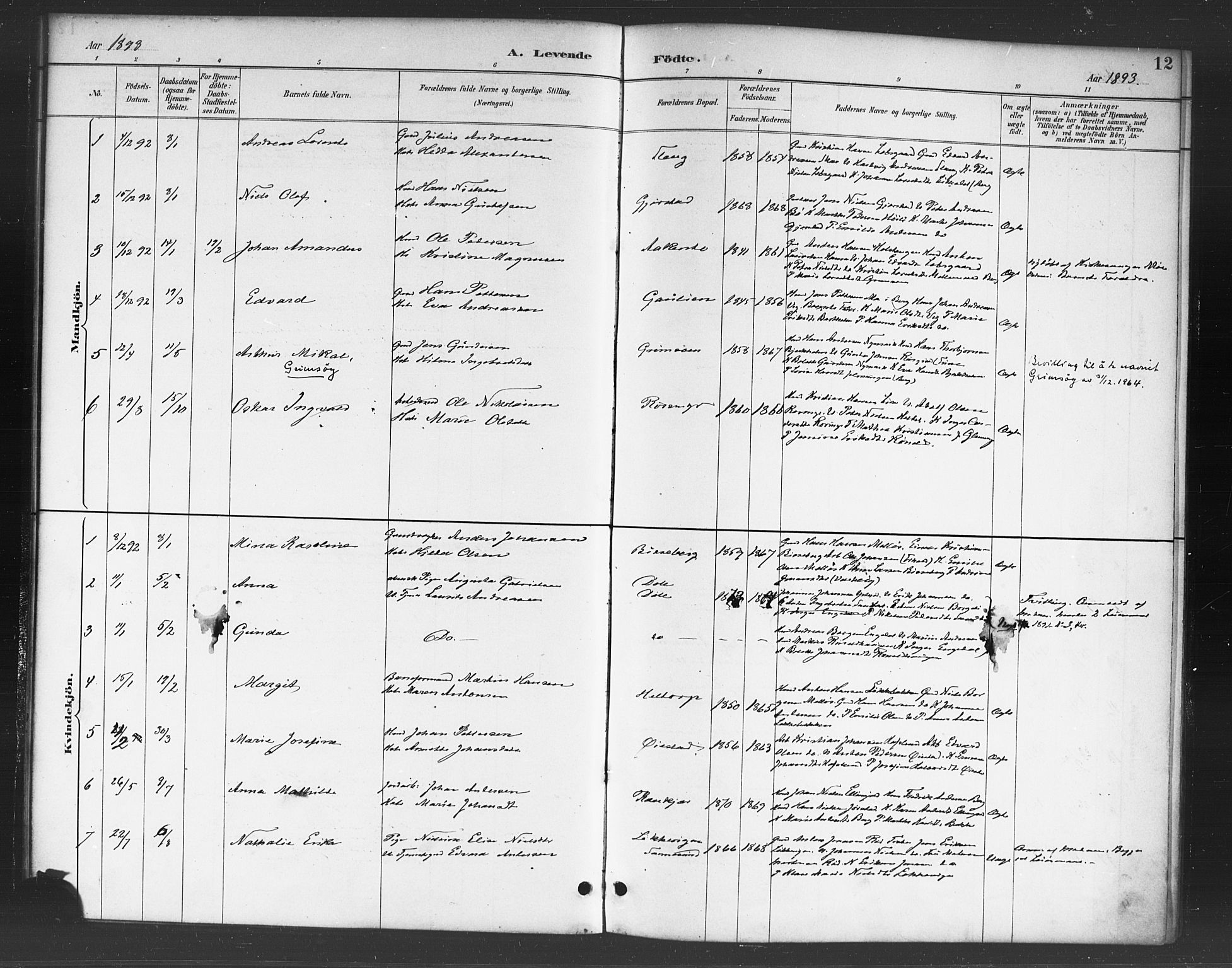 Skjeberg prestekontor Kirkebøker, AV/SAO-A-10923/F/Fc/L0001: Parish register (official) no. III 1, 1886-1897, p. 12