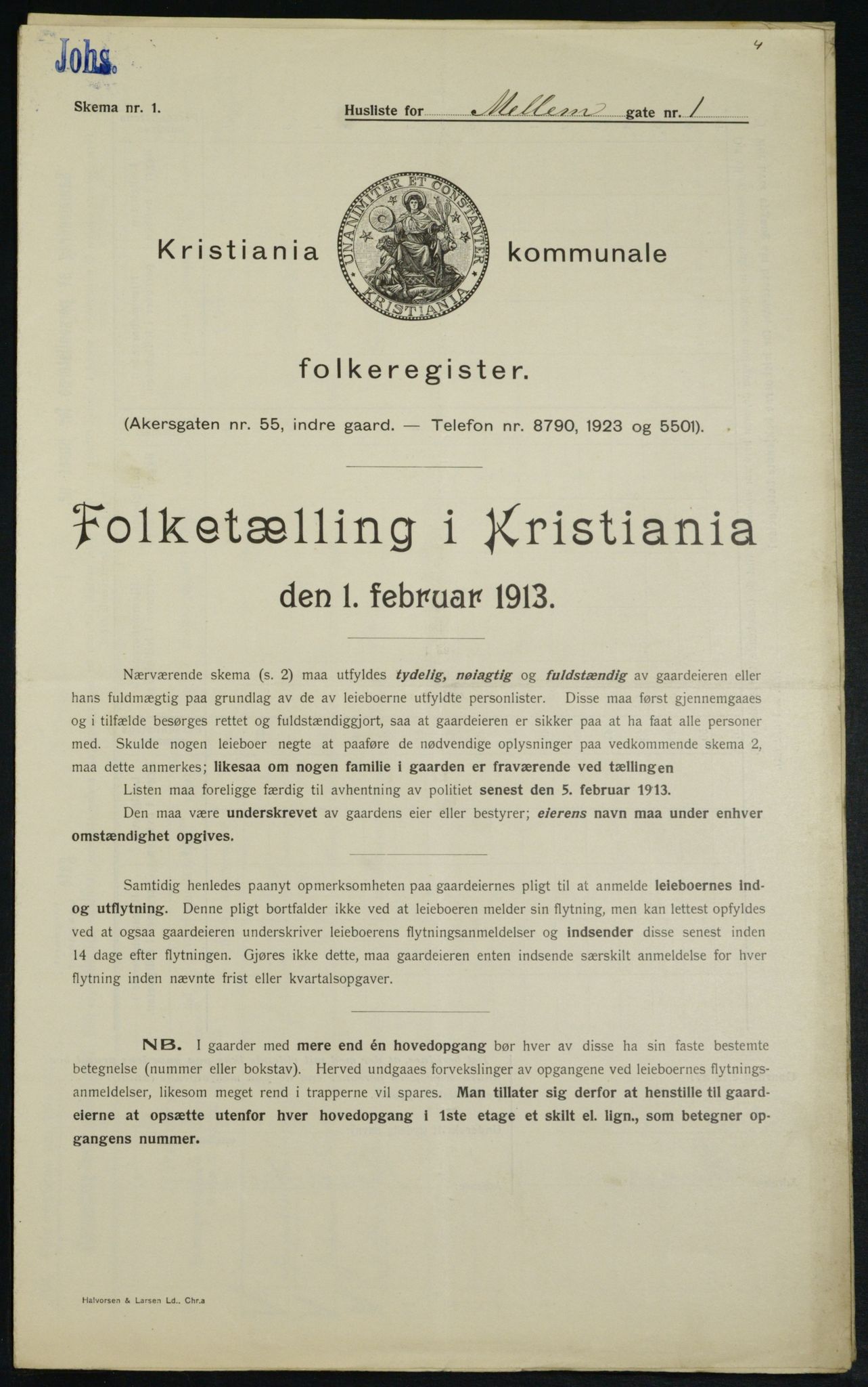 OBA, Municipal Census 1913 for Kristiania, 1913, p. 64954