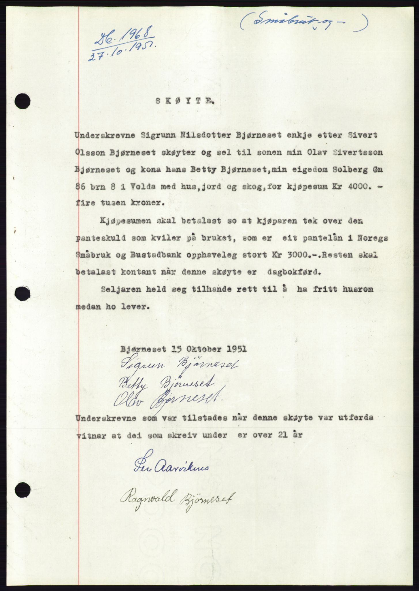 Søre Sunnmøre sorenskriveri, AV/SAT-A-4122/1/2/2C/L0090: Mortgage book no. 16A, 1951-1951, Diary no: : 1968/1951