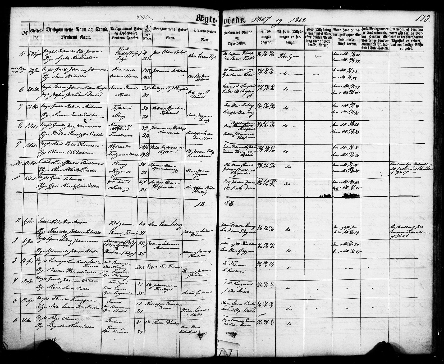 Fitjar sokneprestembete, SAB/A-99926: Parish register (official) no. A 1, 1862-1881, p. 173