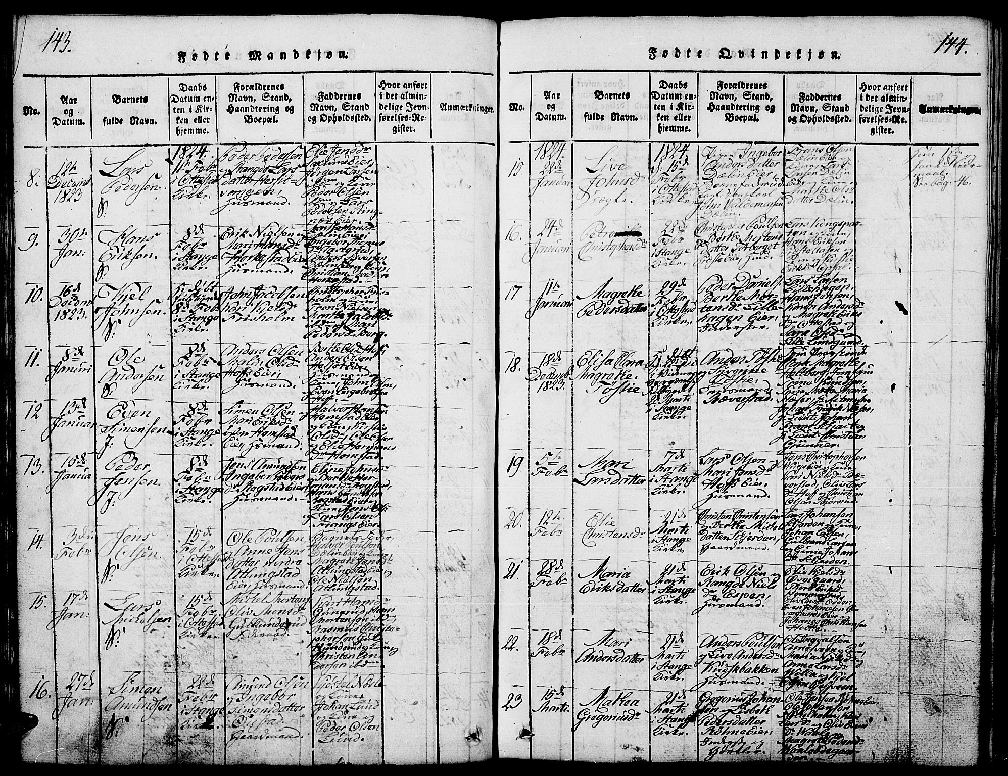 Stange prestekontor, AV/SAH-PREST-002/L/L0001: Parish register (copy) no. 1, 1814-1825, p. 143-144