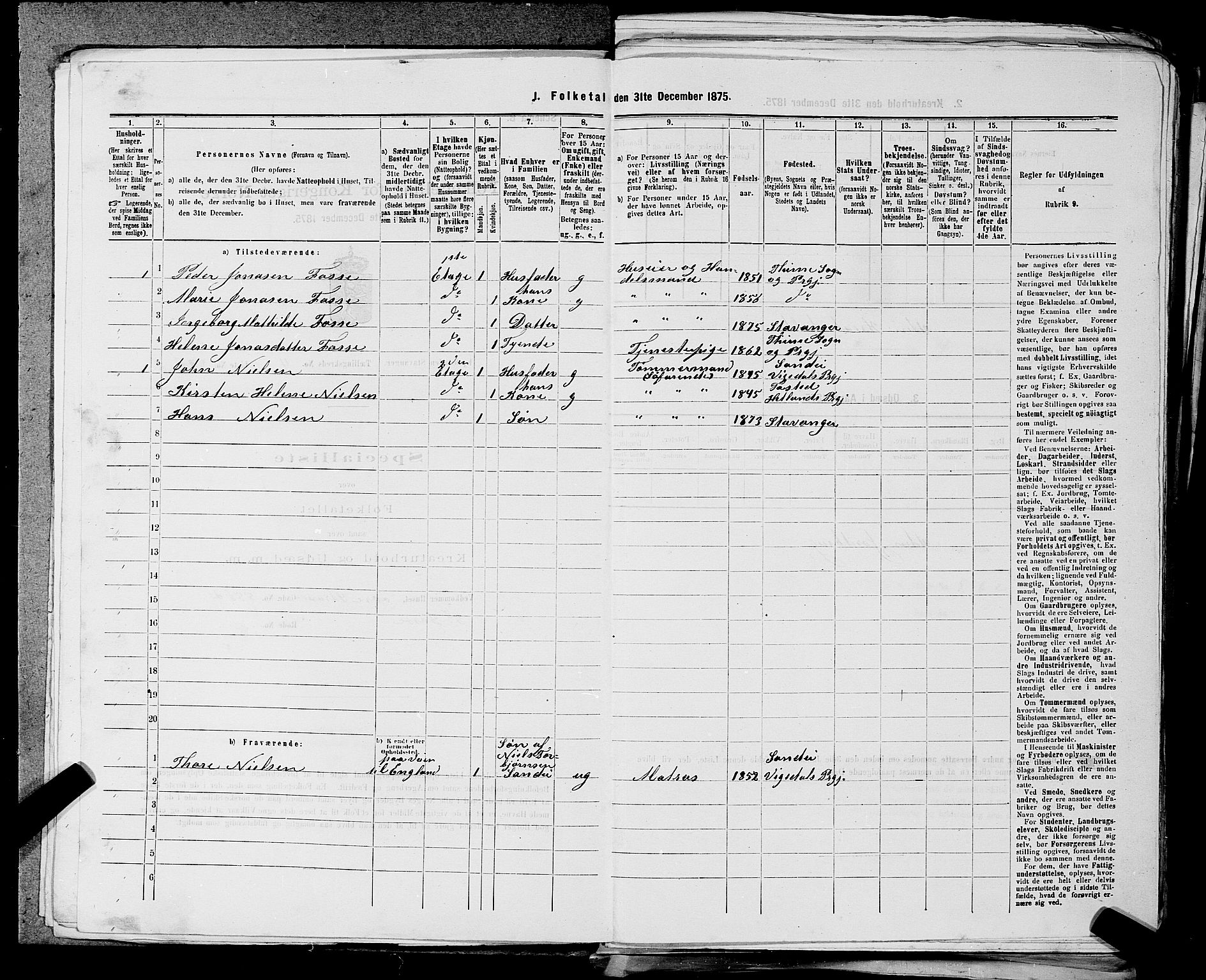 SAST, 1875 census for 1103 Stavanger, 1875, p. 654