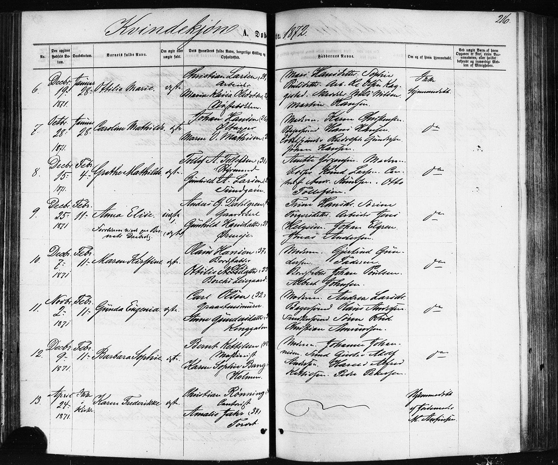 Bragernes kirkebøker, AV/SAKO-A-6/F/Fb/L0004: Parish register (official) no. II 4, 1869-1875, p. 216