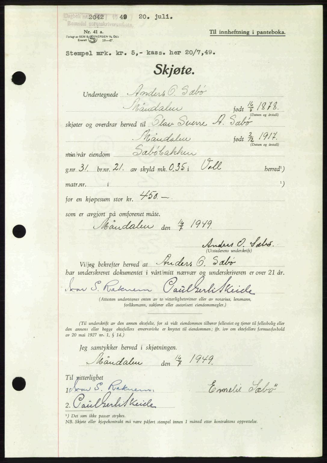 Romsdal sorenskriveri, AV/SAT-A-4149/1/2/2C: Mortgage book no. A30, 1949-1949, Diary no: : 2042/1949