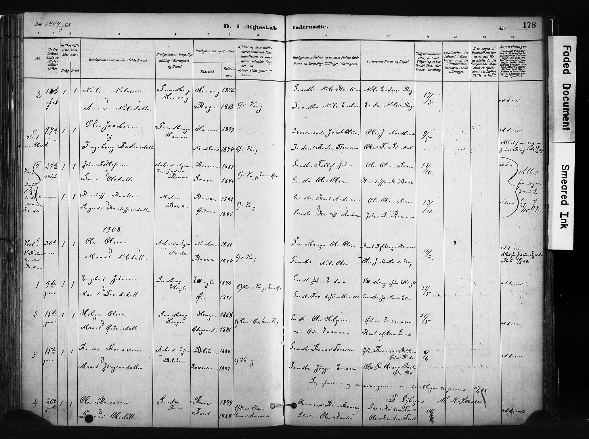 Vang prestekontor, Valdres, SAH/PREST-140/H/Ha/L0008: Parish register (official) no. 8, 1882-1910, p. 178