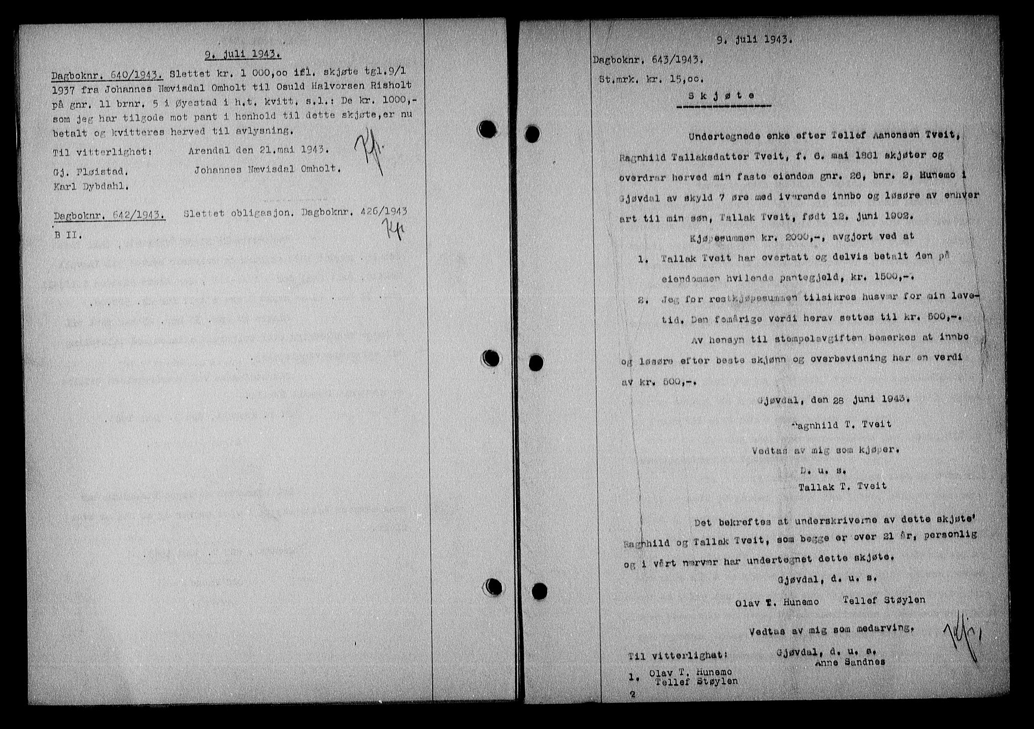 Nedenes sorenskriveri, AV/SAK-1221-0006/G/Gb/Gba/L0050: Mortgage book no. A-IV, 1942-1943, Diary no: : 643/1943