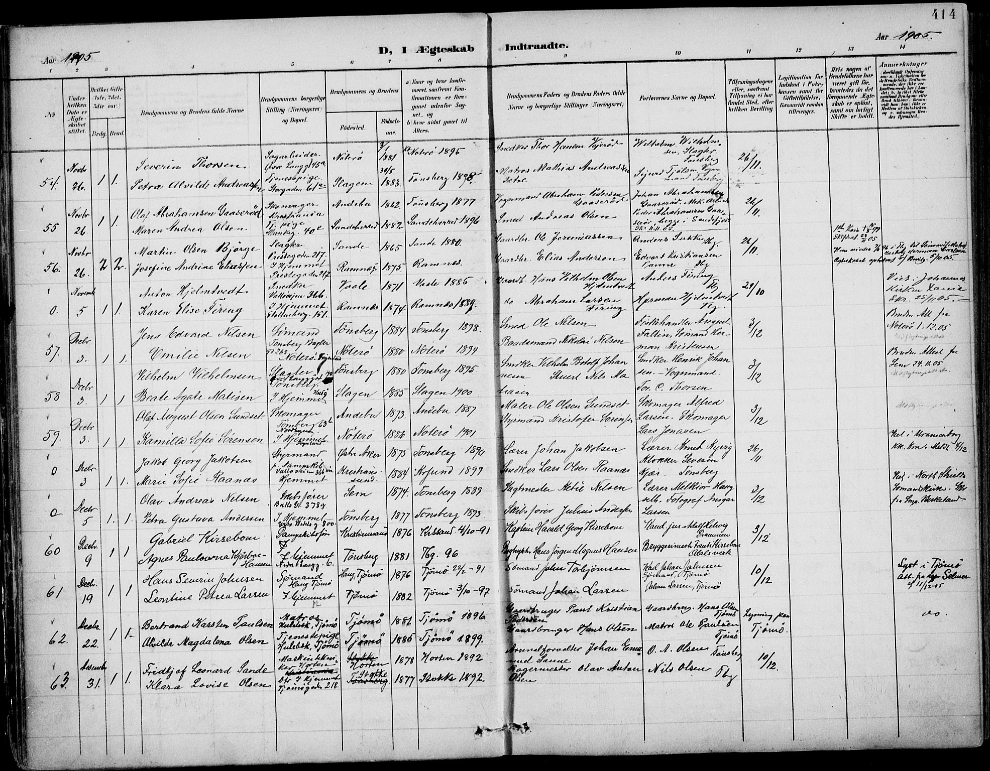 Tønsberg kirkebøker, AV/SAKO-A-330/F/Fa/L0013: Parish register (official) no. I 13, 1900-1913, p. 414