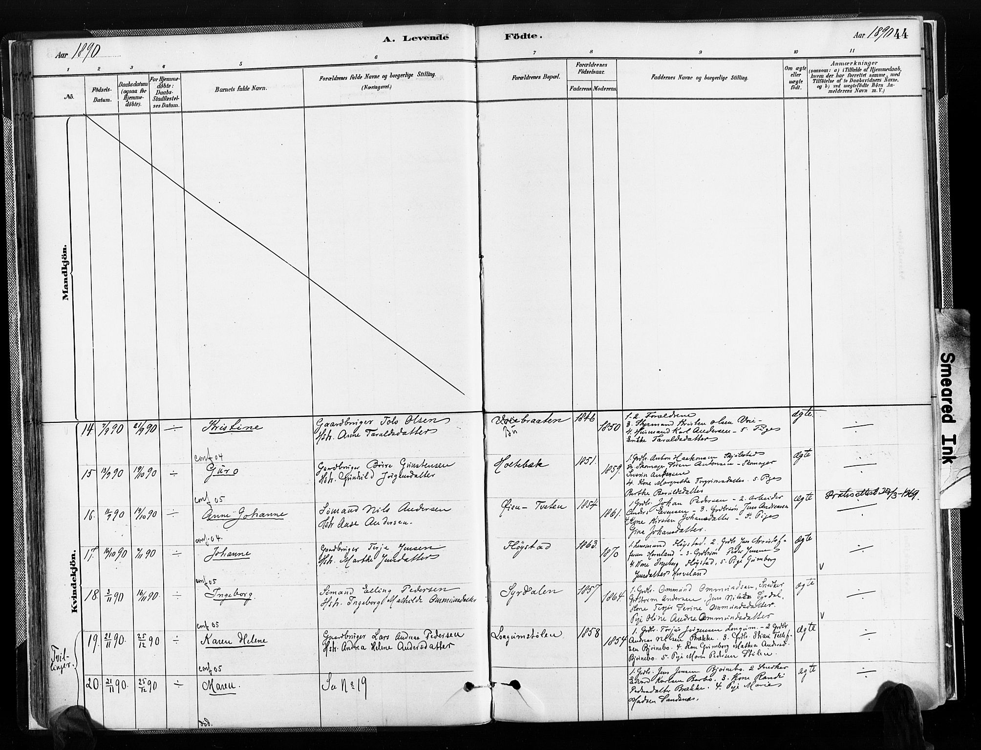 Austre Moland sokneprestkontor, SAK/1111-0001/F/Fa/Faa/L0010: Parish register (official) no. A 10, 1880-1904, p. 44
