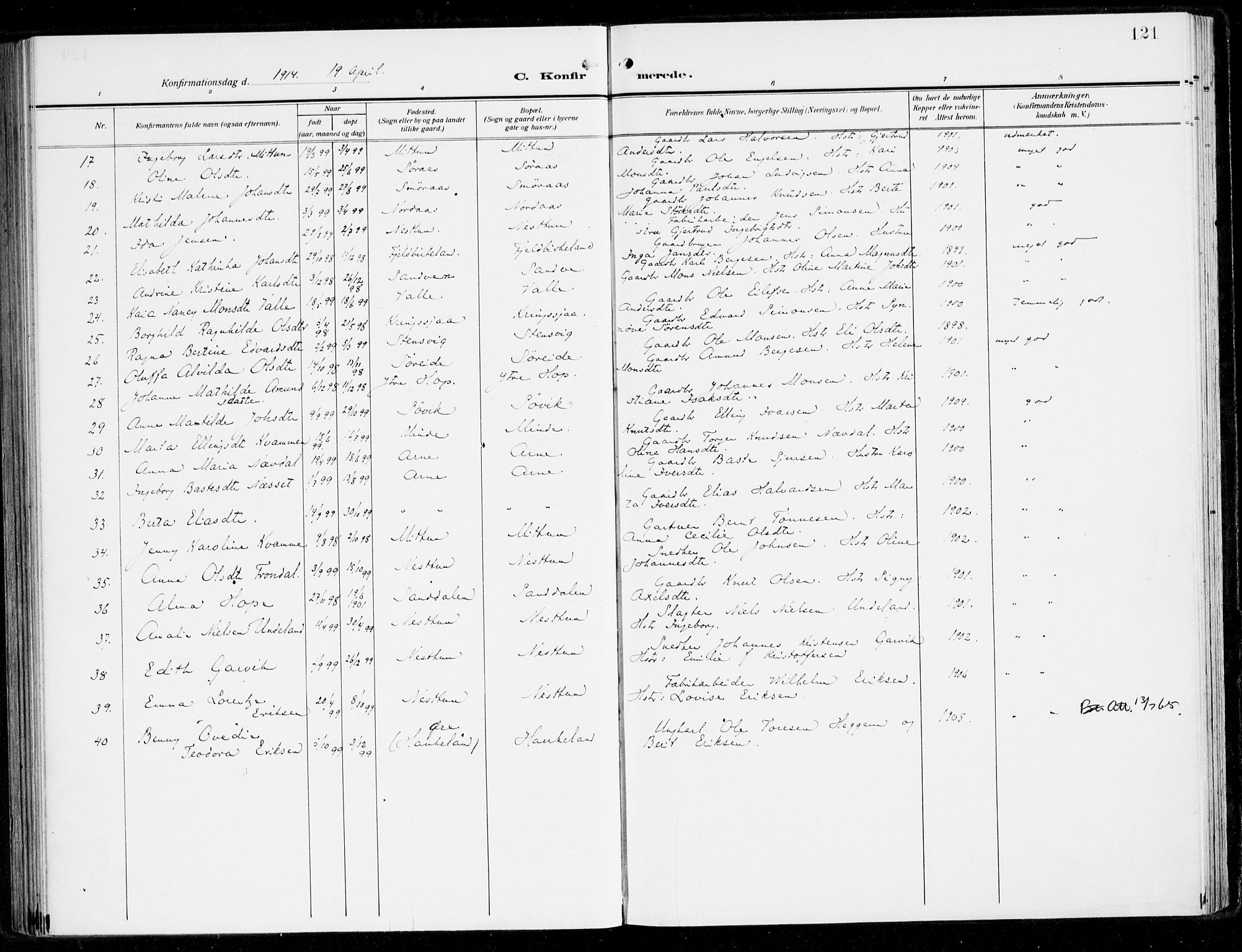 Fana Sokneprestembete, SAB/A-75101/H/Haa/Haai/L0004: Parish register (official) no. I 4, 1912-1933, p. 121