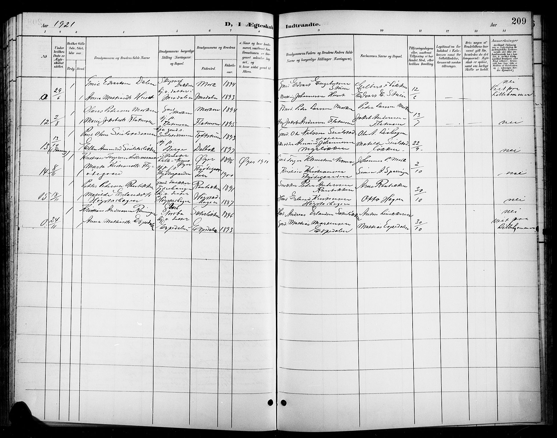 Ringebu prestekontor, AV/SAH-PREST-082/H/Ha/Hab/L0009: Parish register (copy) no. 9, 1899-1921, p. 209