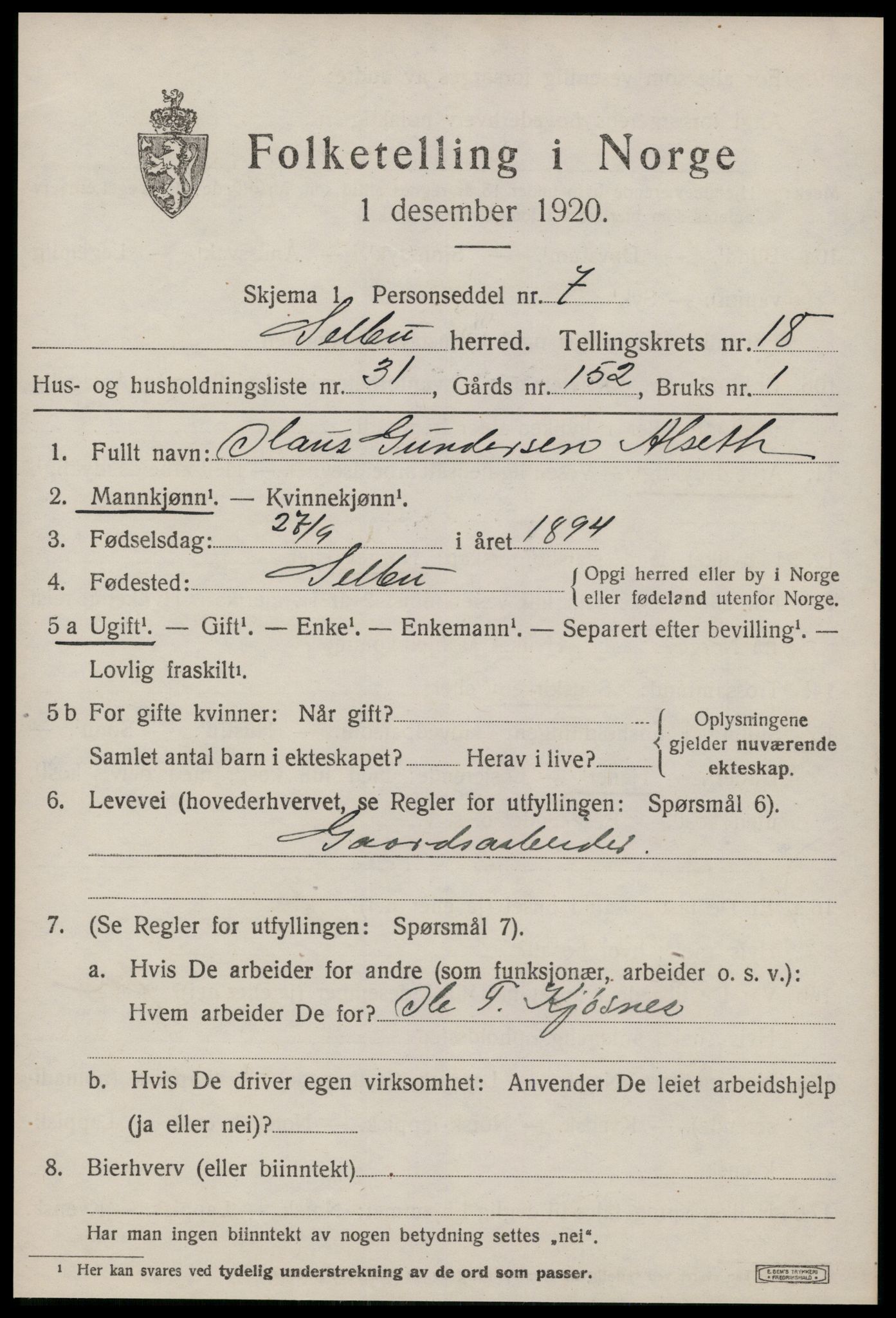 SAT, 1920 census for Selbu, 1920, p. 9758
