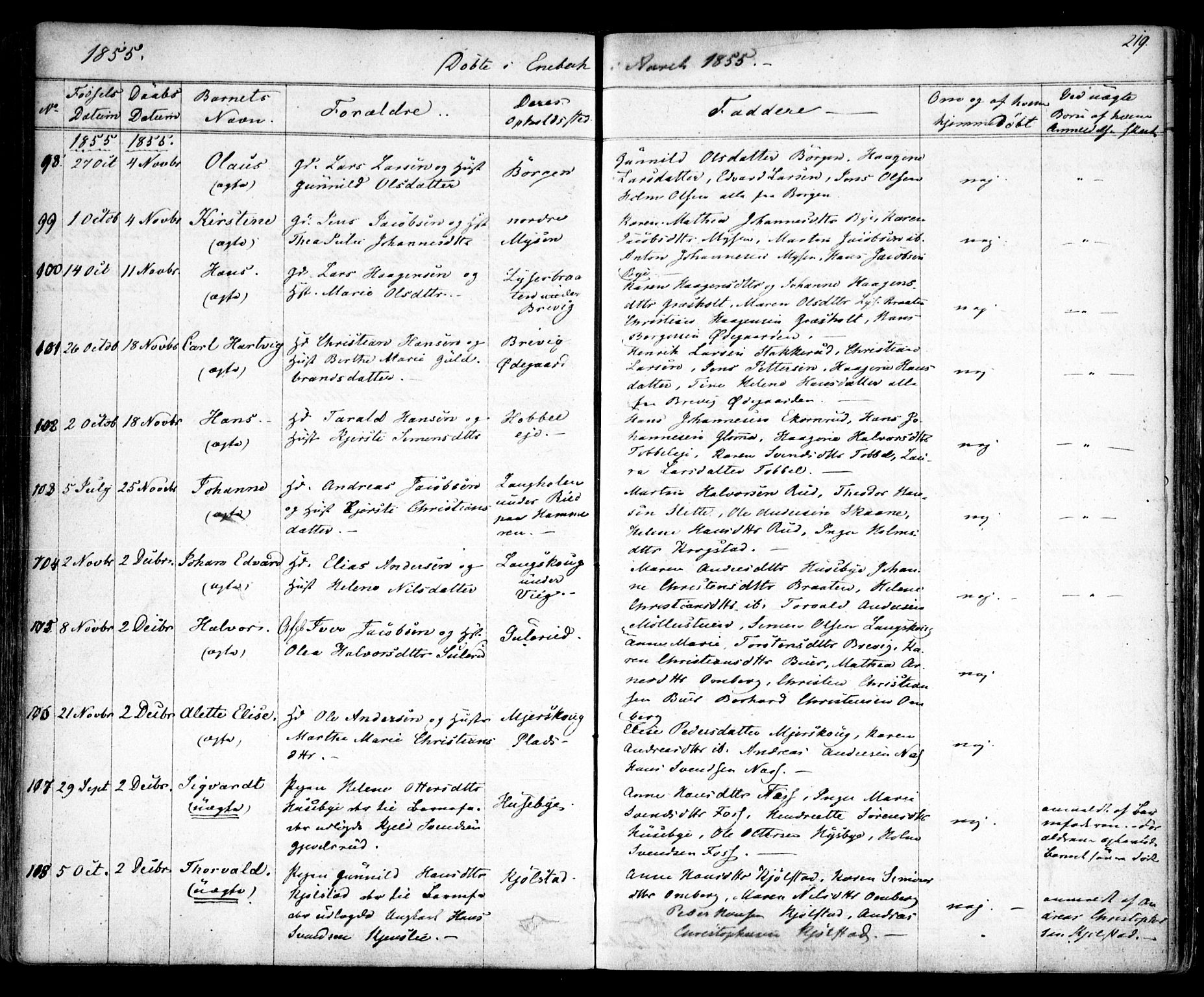 Enebakk prestekontor Kirkebøker, SAO/A-10171c/F/Fa/L0009: Parish register (official) no. I 9, 1832-1861, p. 219