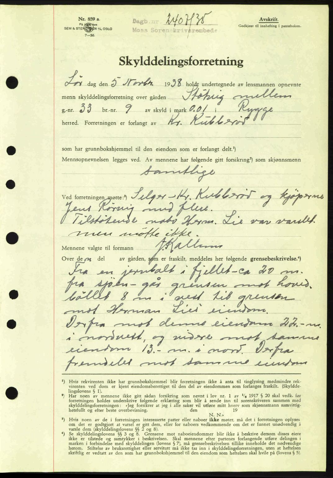 Moss sorenskriveri, SAO/A-10168: Mortgage book no. A5, 1938-1939, Diary no: : 2407/1938