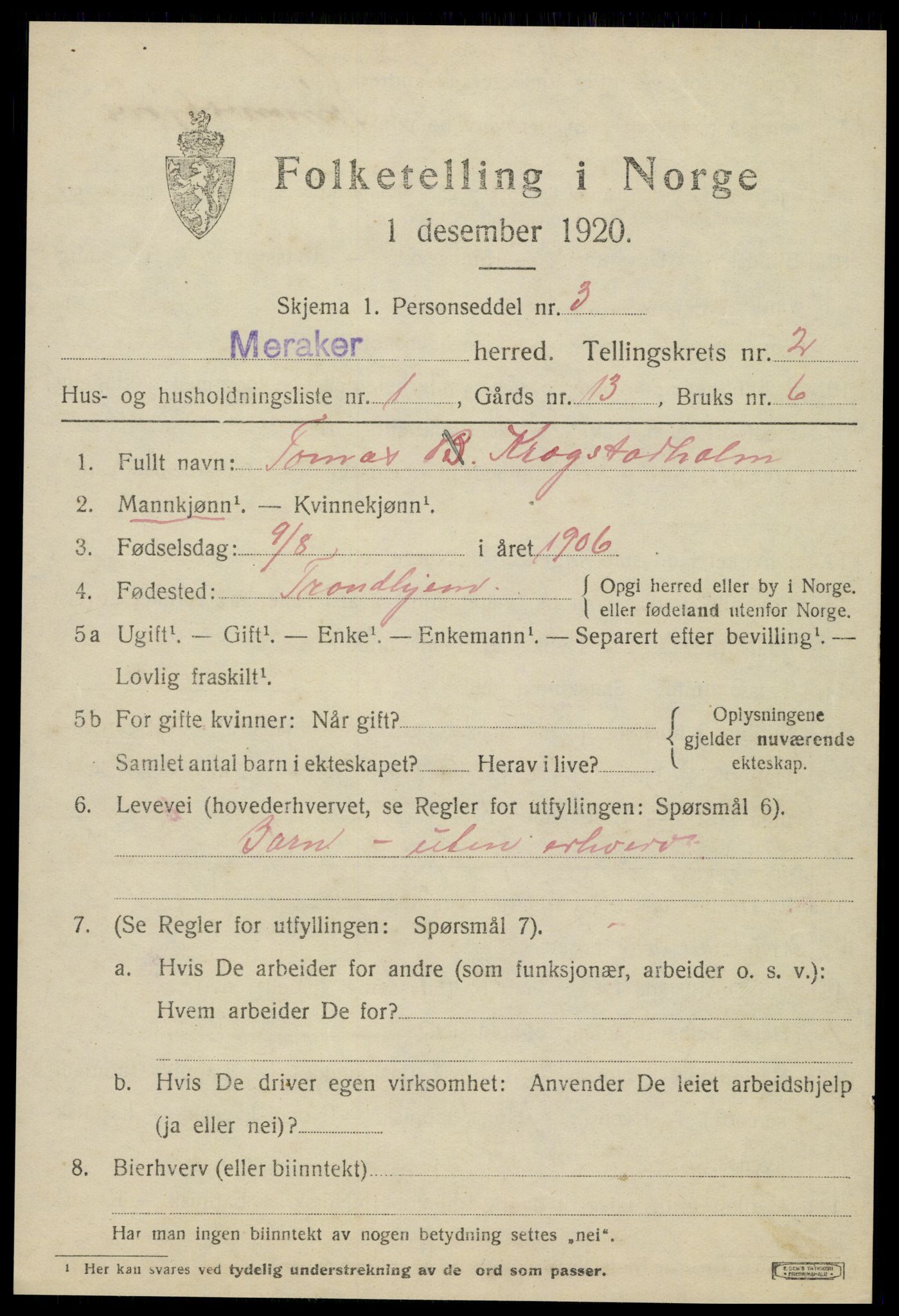 SAT, 1920 census for Meråker, 1920, p. 1738