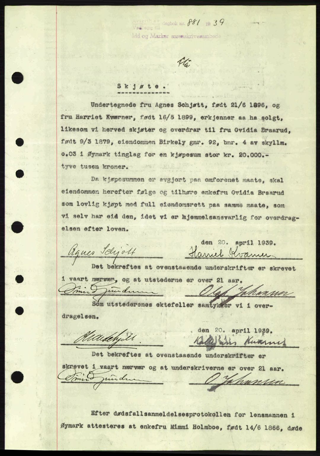 Idd og Marker sorenskriveri, AV/SAO-A-10283/G/Gb/Gbb/L0003: Mortgage book no. A3, 1938-1939, Diary no: : 881/1939