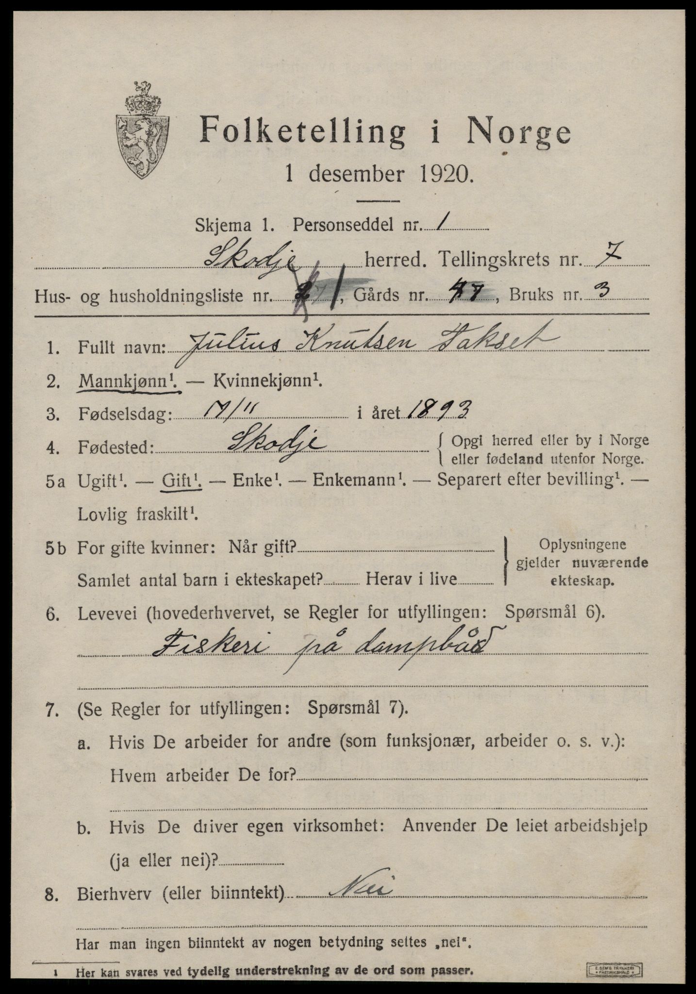 SAT, 1920 census for Skodje, 1920, p. 2969