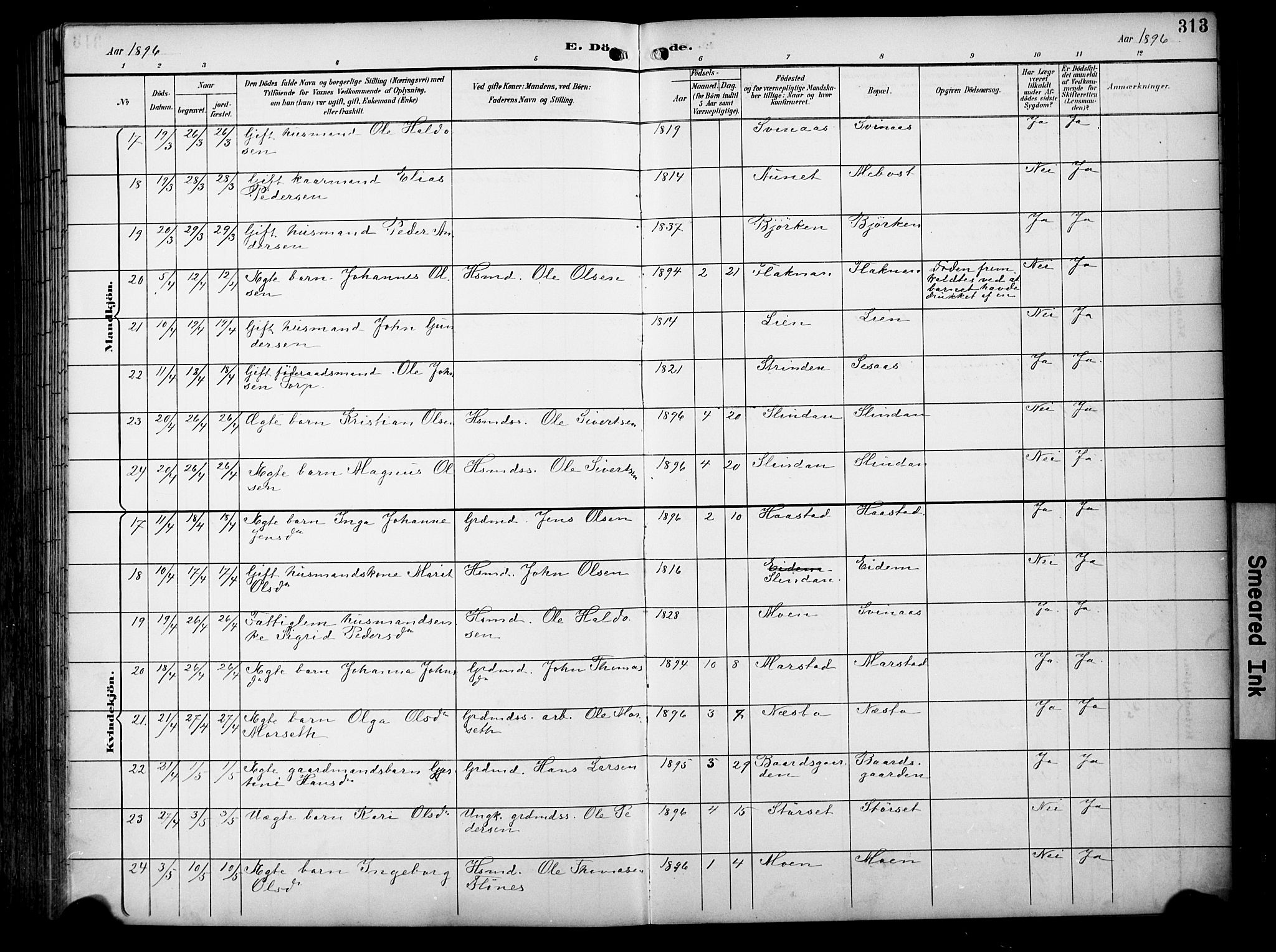 Ministerialprotokoller, klokkerbøker og fødselsregistre - Sør-Trøndelag, AV/SAT-A-1456/695/L1149: Parish register (official) no. 695A09, 1891-1902, p. 313