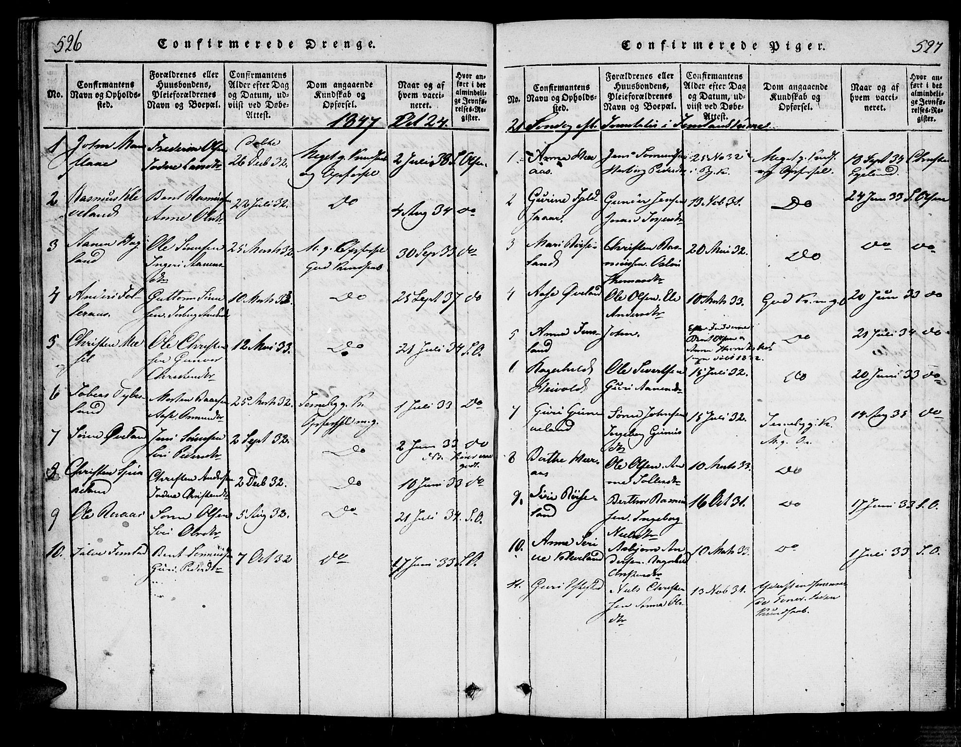 Bjelland sokneprestkontor, SAK/1111-0005/F/Fa/Fab/L0002: Parish register (official) no. A 2, 1816-1869, p. 526-527