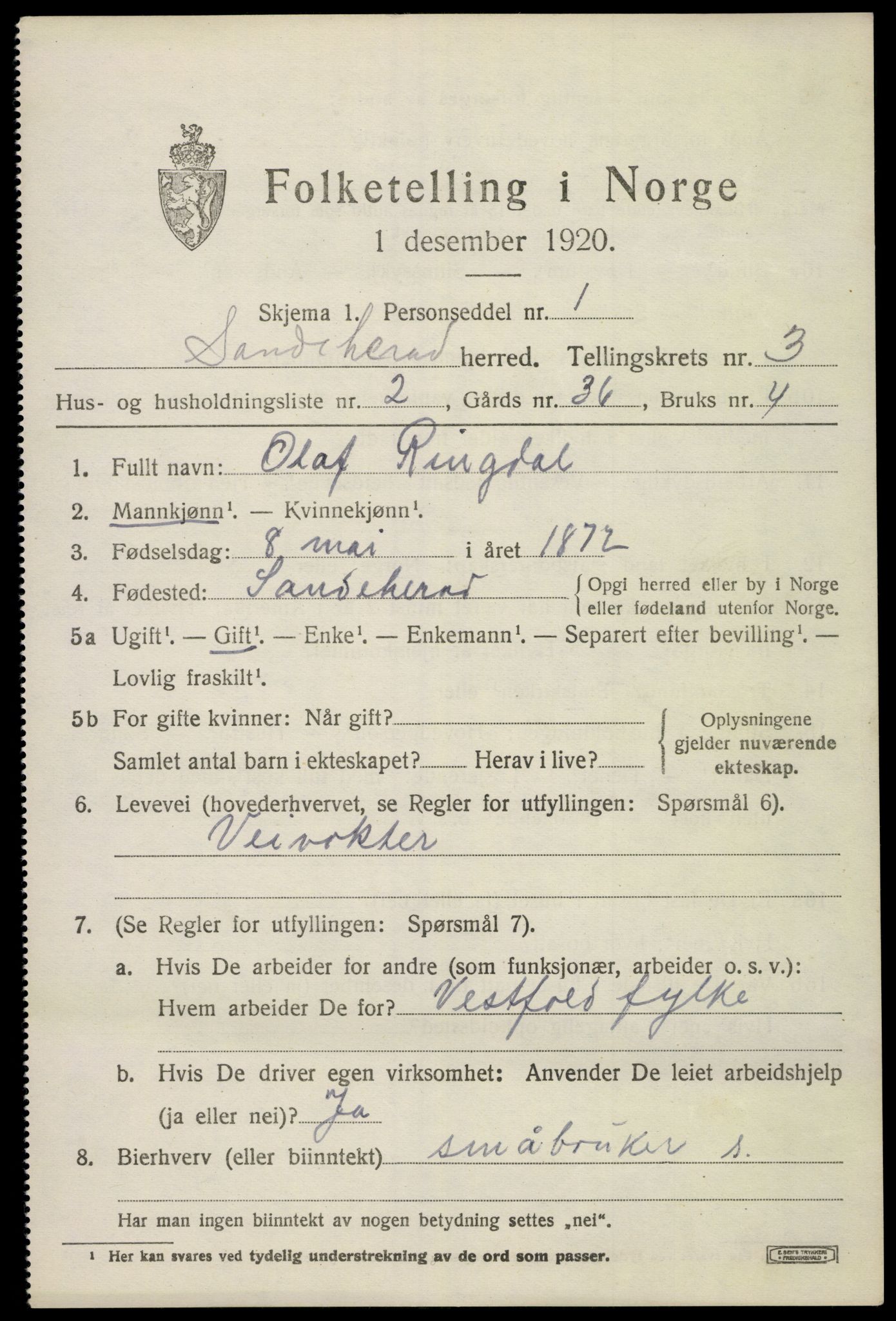 SAKO, 1920 census for Sandeherred, 1920, p. 5240