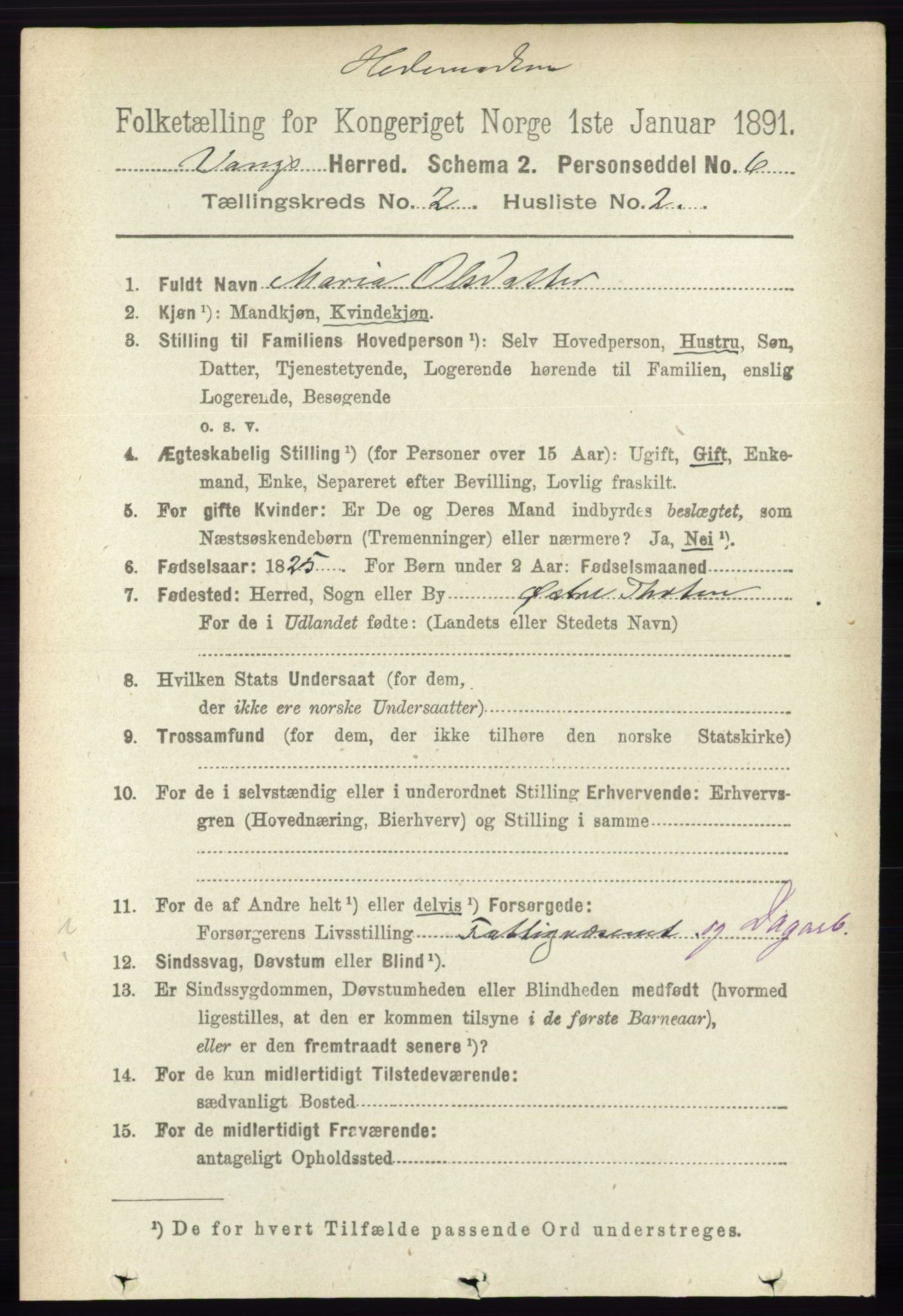 RA, 1891 census for 0414 Vang, 1891, p. 1048