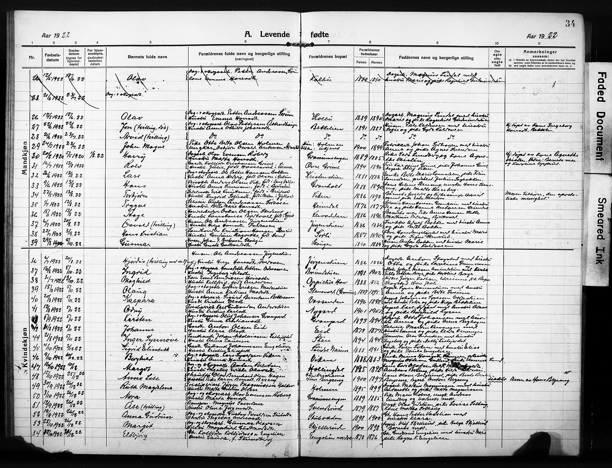 Søndre Land prestekontor, AV/SAH-PREST-122/L/L0007: Parish register (copy) no. 7, 1915-1932, p. 34