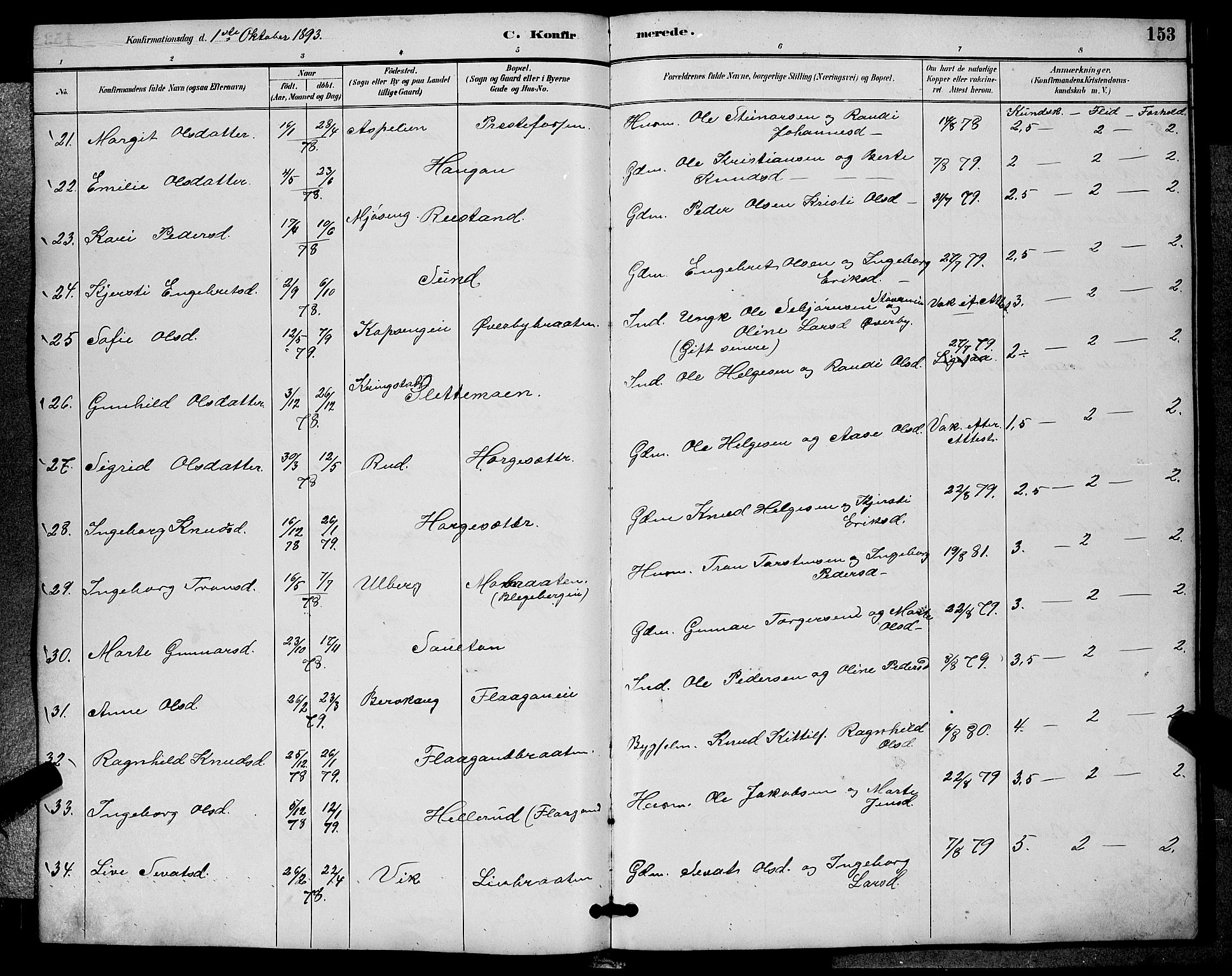 Sigdal kirkebøker, SAKO/A-245/G/Ga/L0005: Parish register (copy) no. I 5, 1886-1900, p. 153