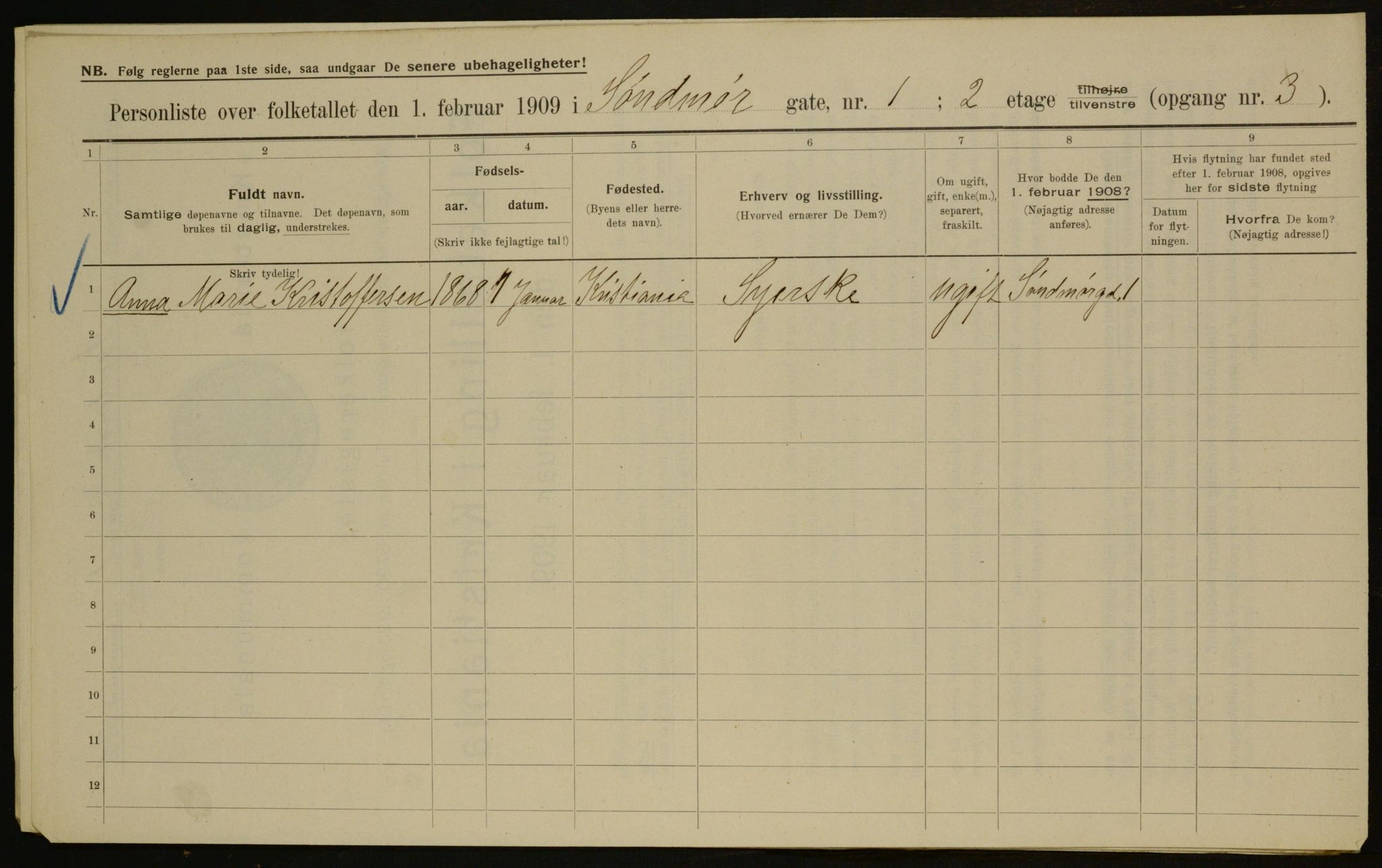 OBA, Municipal Census 1909 for Kristiania, 1909, p. 94705