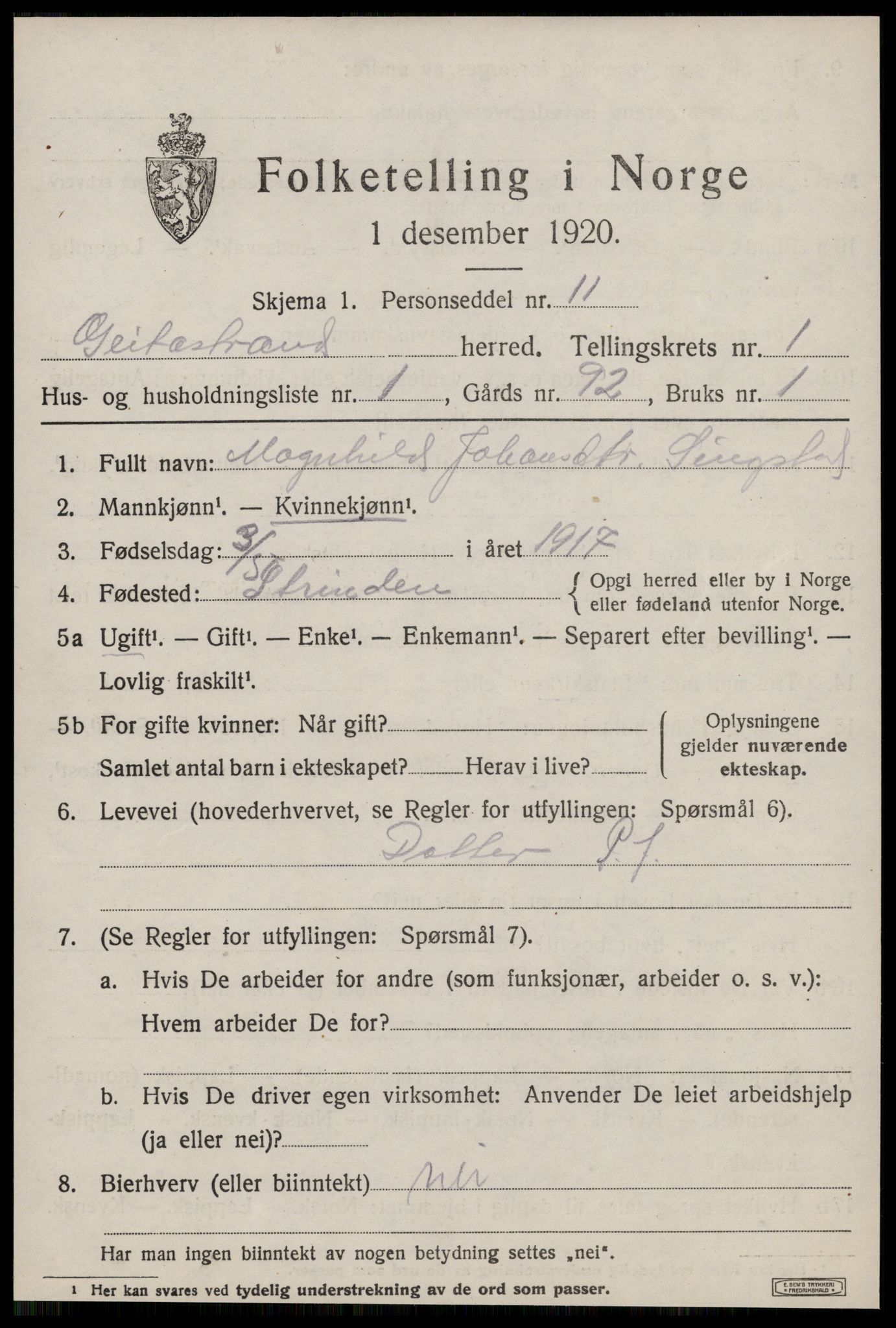 SAT, 1920 census for Geitastrand, 1920, p. 259