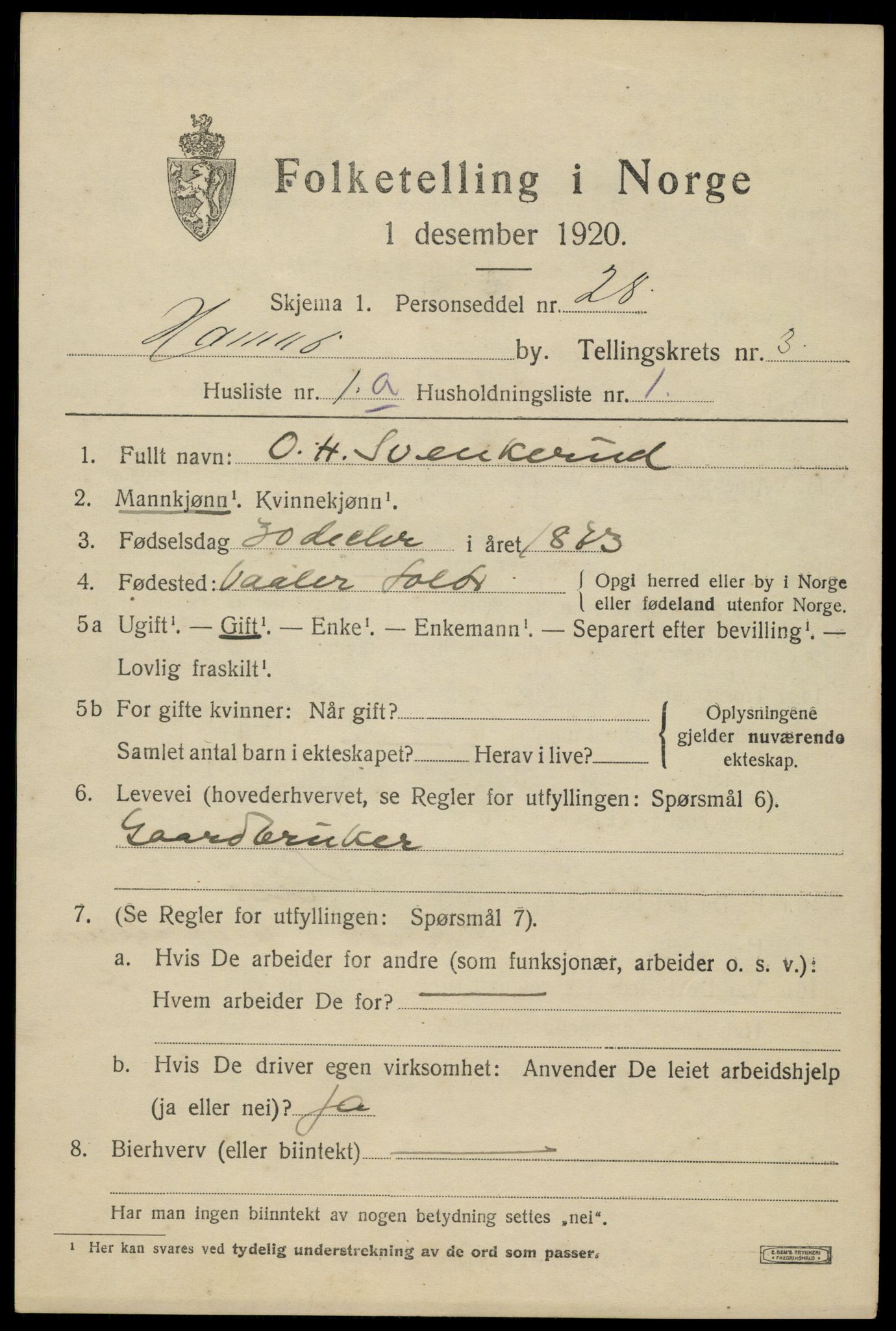 SAH, 1920 census for Hamar, 1920, p. 6765