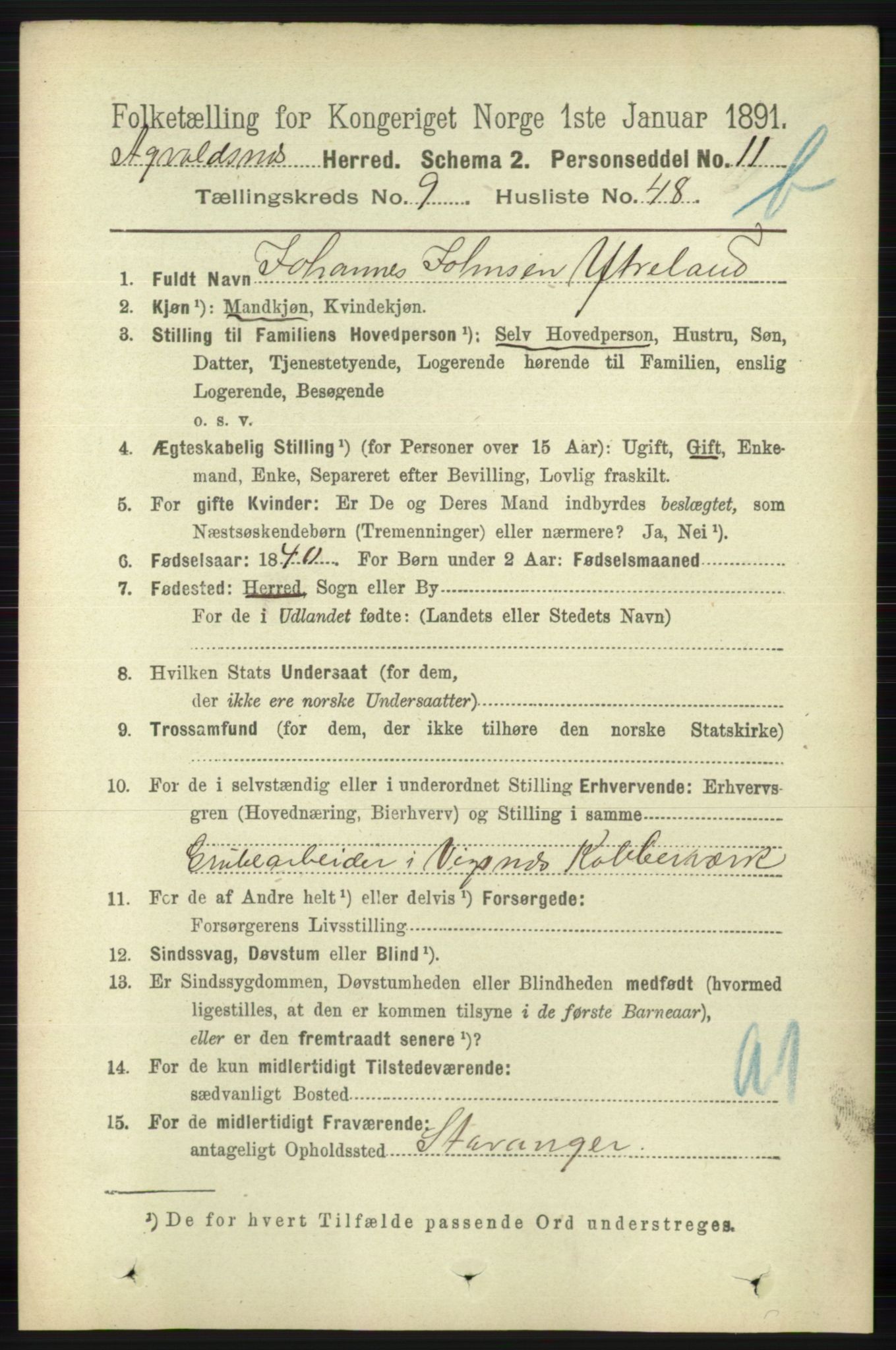 RA, 1891 census for 1147 Avaldsnes, 1891, p. 5626