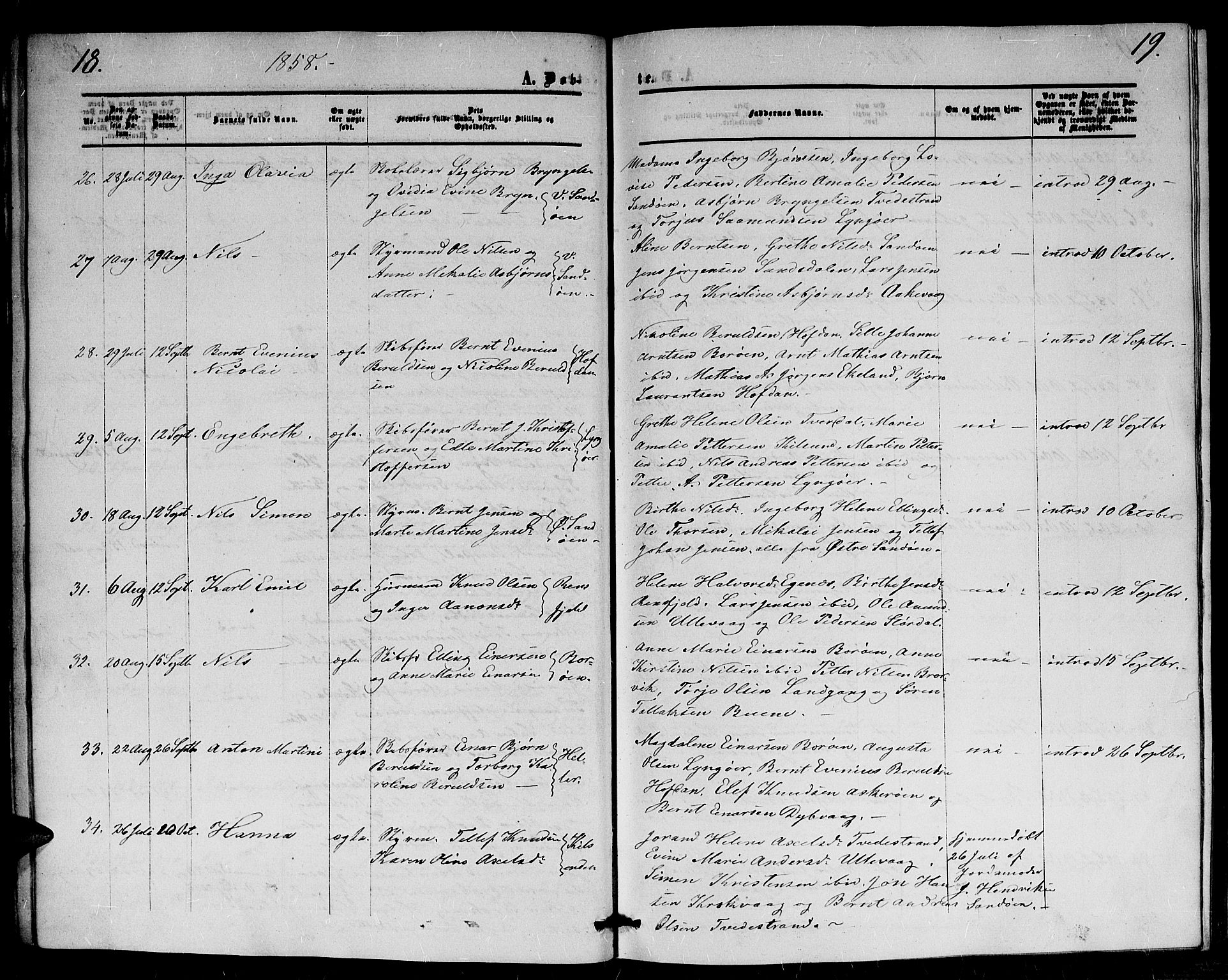 Dypvåg sokneprestkontor, AV/SAK-1111-0007/F/Fb/Fba/L0011: Parish register (copy) no. B 11, 1857-1872, p. 18-19