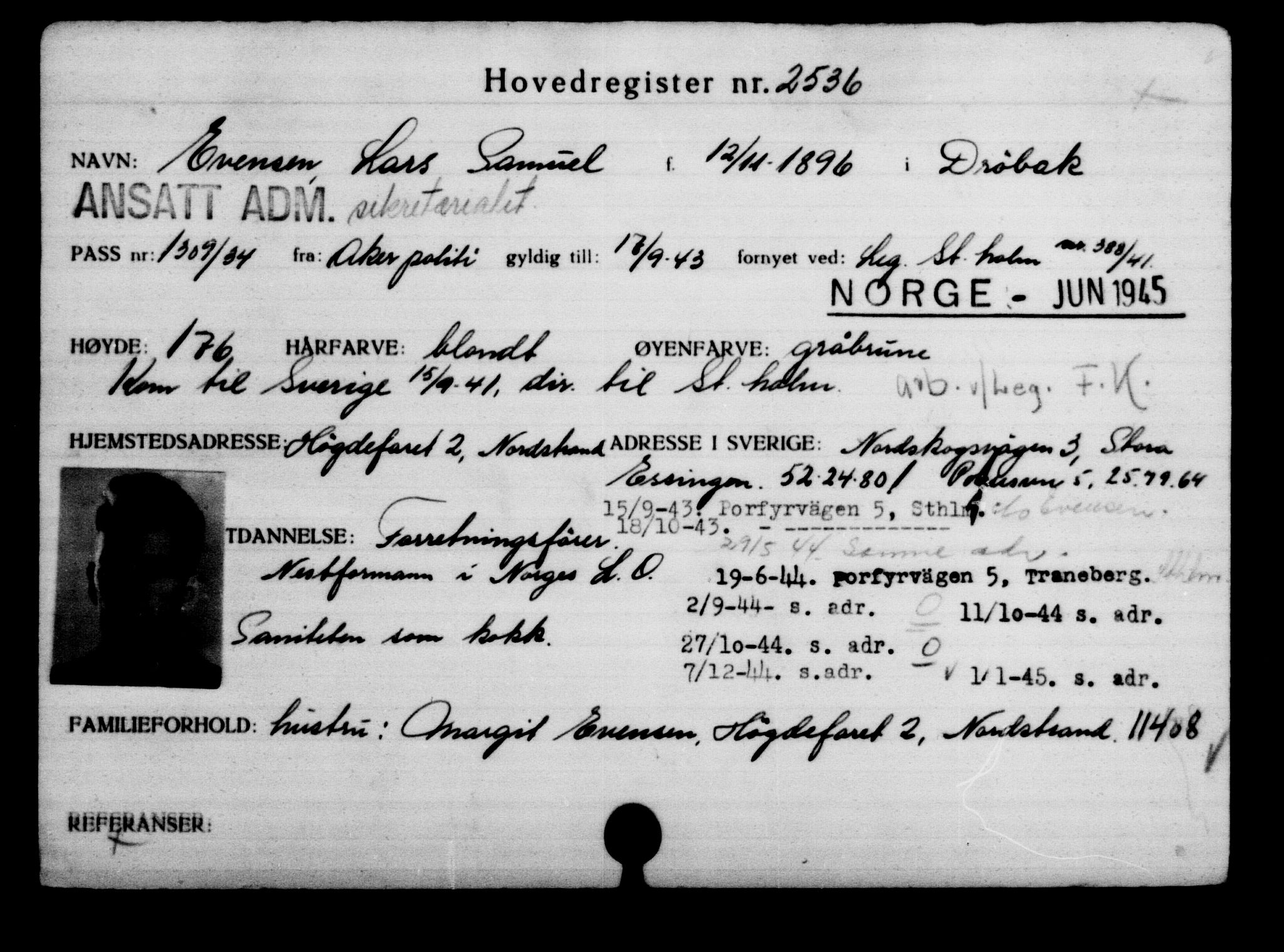 Utenriksstasjonene, Legasjonen i Stockholm, Flyktningkontoret, AV/RA-S-6753/V/Va/L0003: Kjesäterkartoteket, flyktninger med registreringsnr. 2001-3495, 1940-1945, p. 882