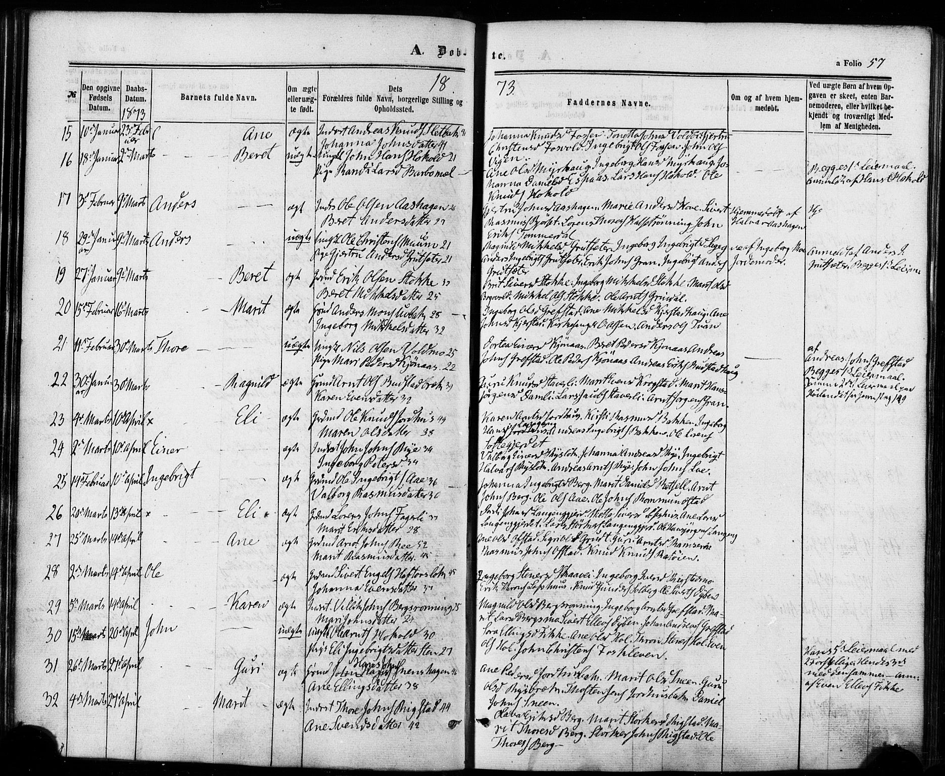 Ministerialprotokoller, klokkerbøker og fødselsregistre - Sør-Trøndelag, SAT/A-1456/672/L0856: Parish register (official) no. 672A08, 1861-1881, p. 57
