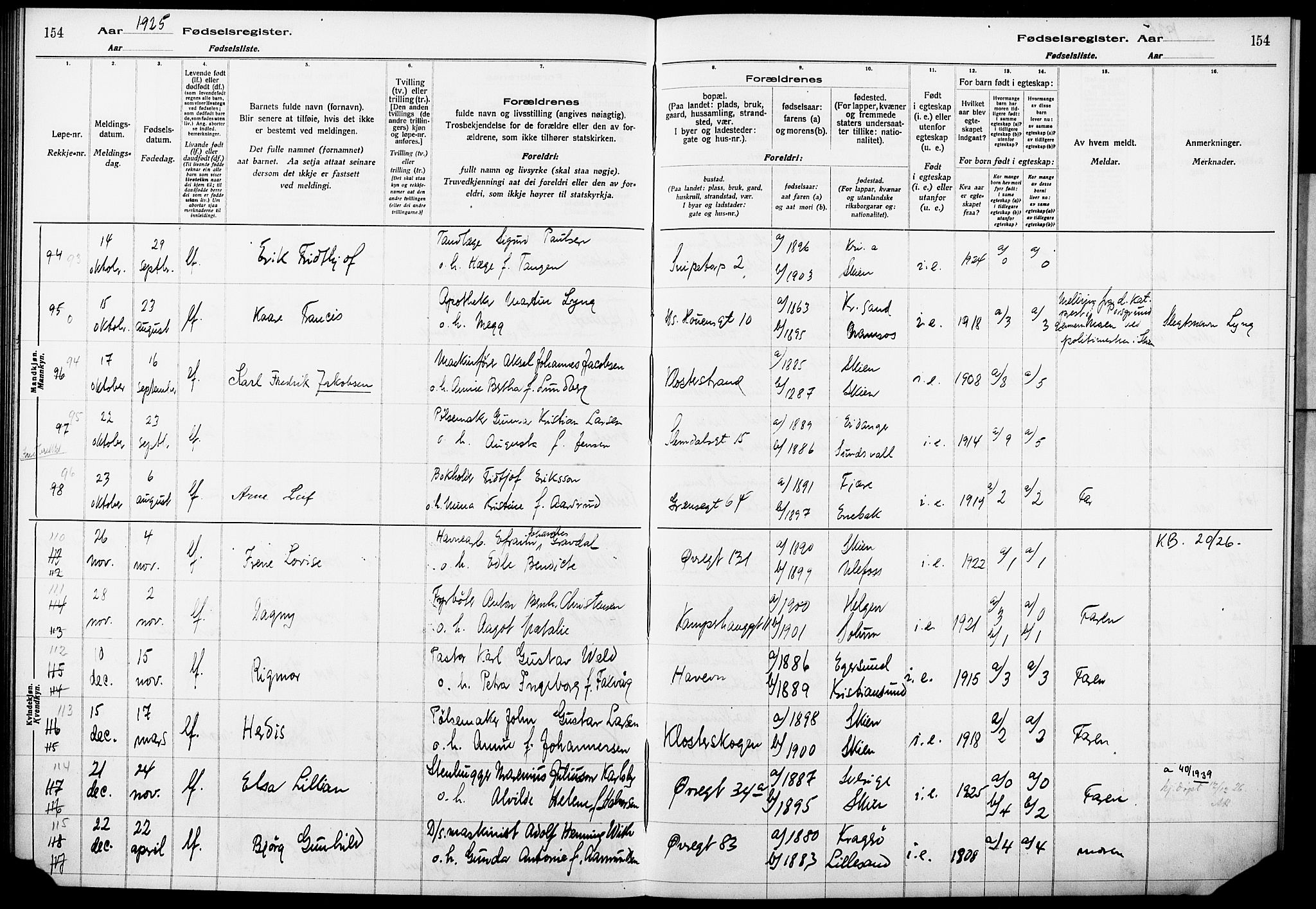 Skien kirkebøker, AV/SAKO-A-302/J/Ja/L0002: Birth register no. 2, 1921-1927, p. 154