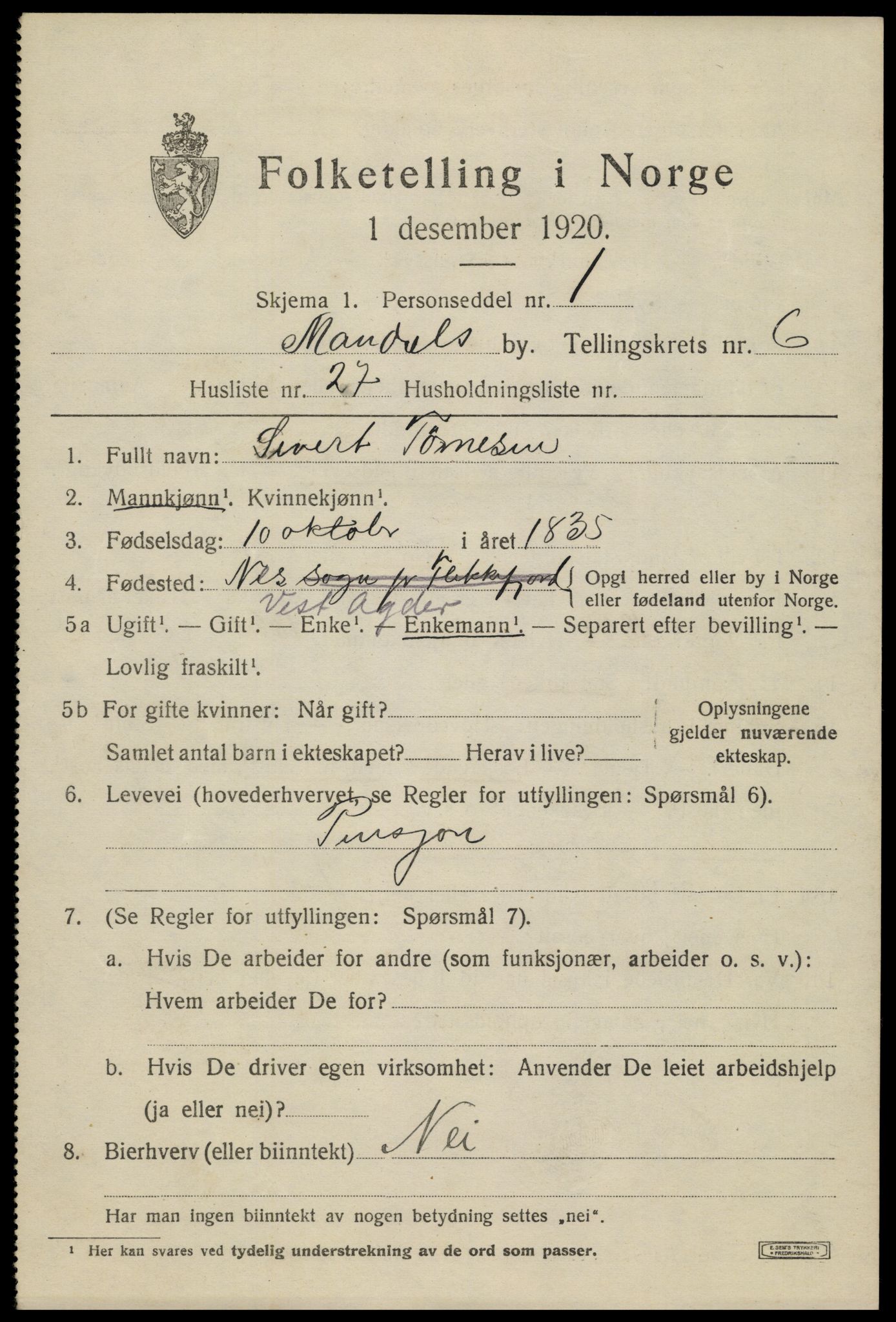 SAK, 1920 census for Mandal, 1920, p. 9385