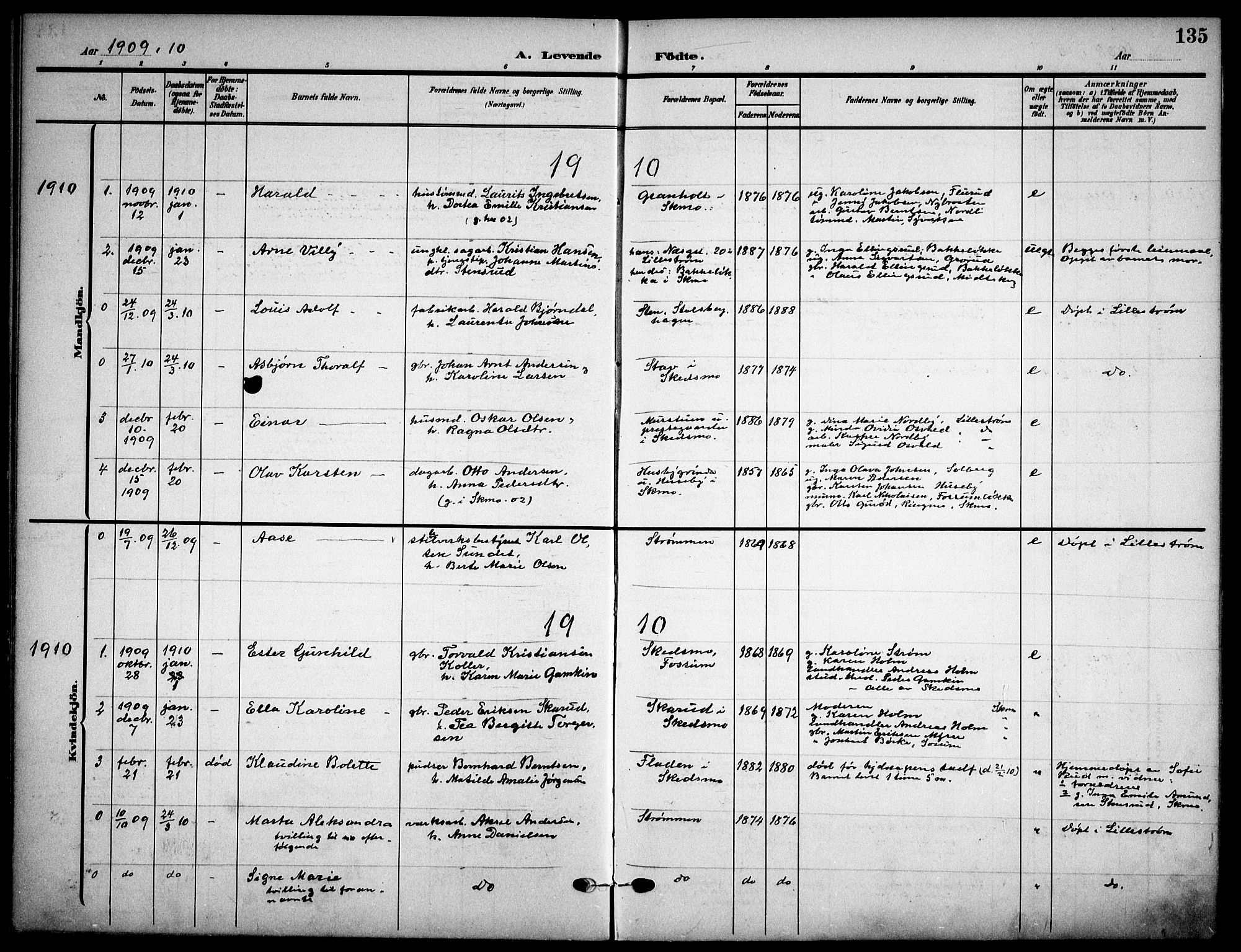 Skedsmo prestekontor Kirkebøker, AV/SAO-A-10033a/F/Fa/L0015: Parish register (official) no. I 15, 1902-1917, p. 135