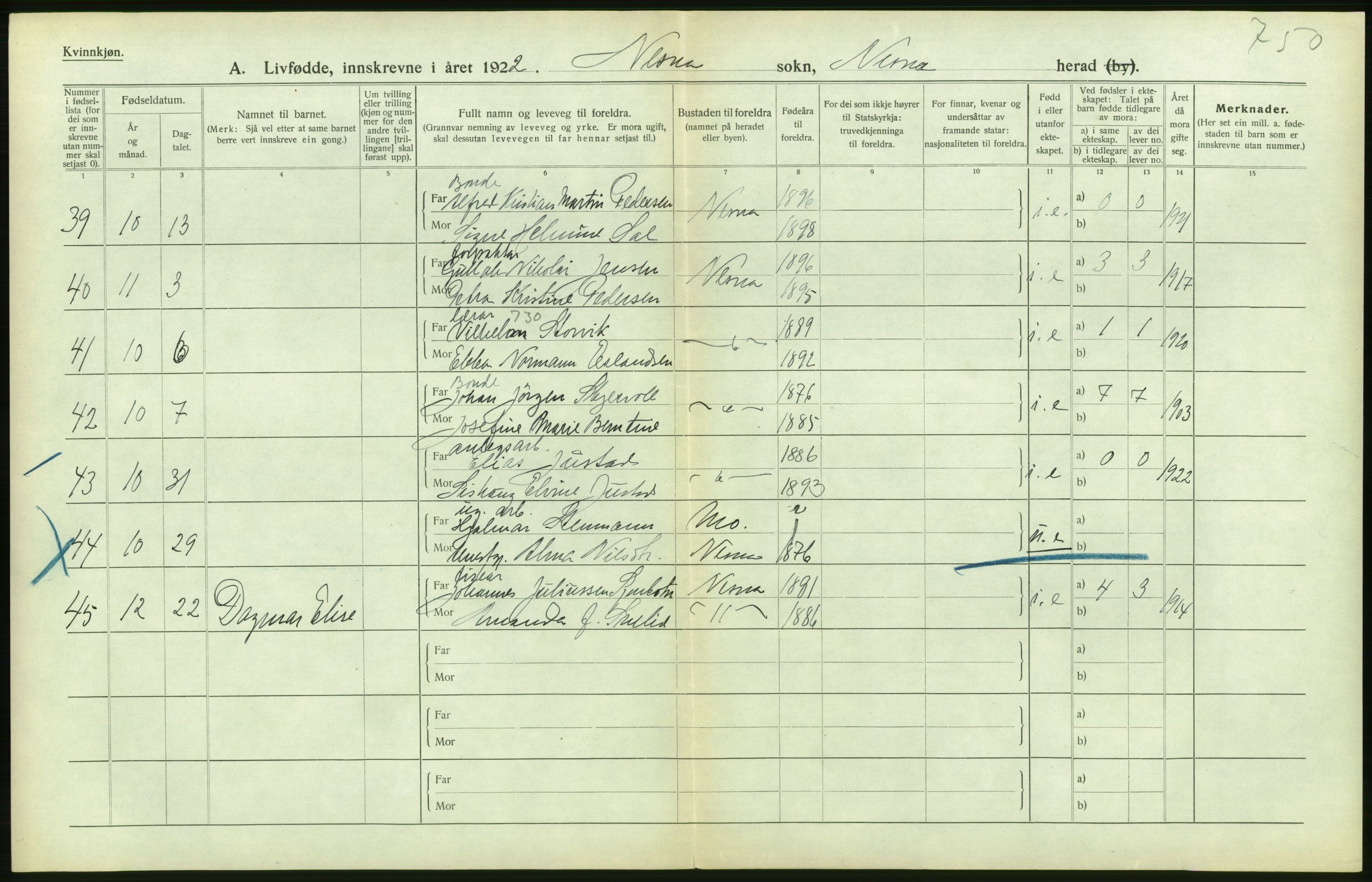 Statistisk sentralbyrå, Sosiodemografiske emner, Befolkning, RA/S-2228/D/Df/Dfc/Dfcb/L0044: Nordland fylke: Levendefødte menn og kvinner. Bygder og byer., 1922, p. 234